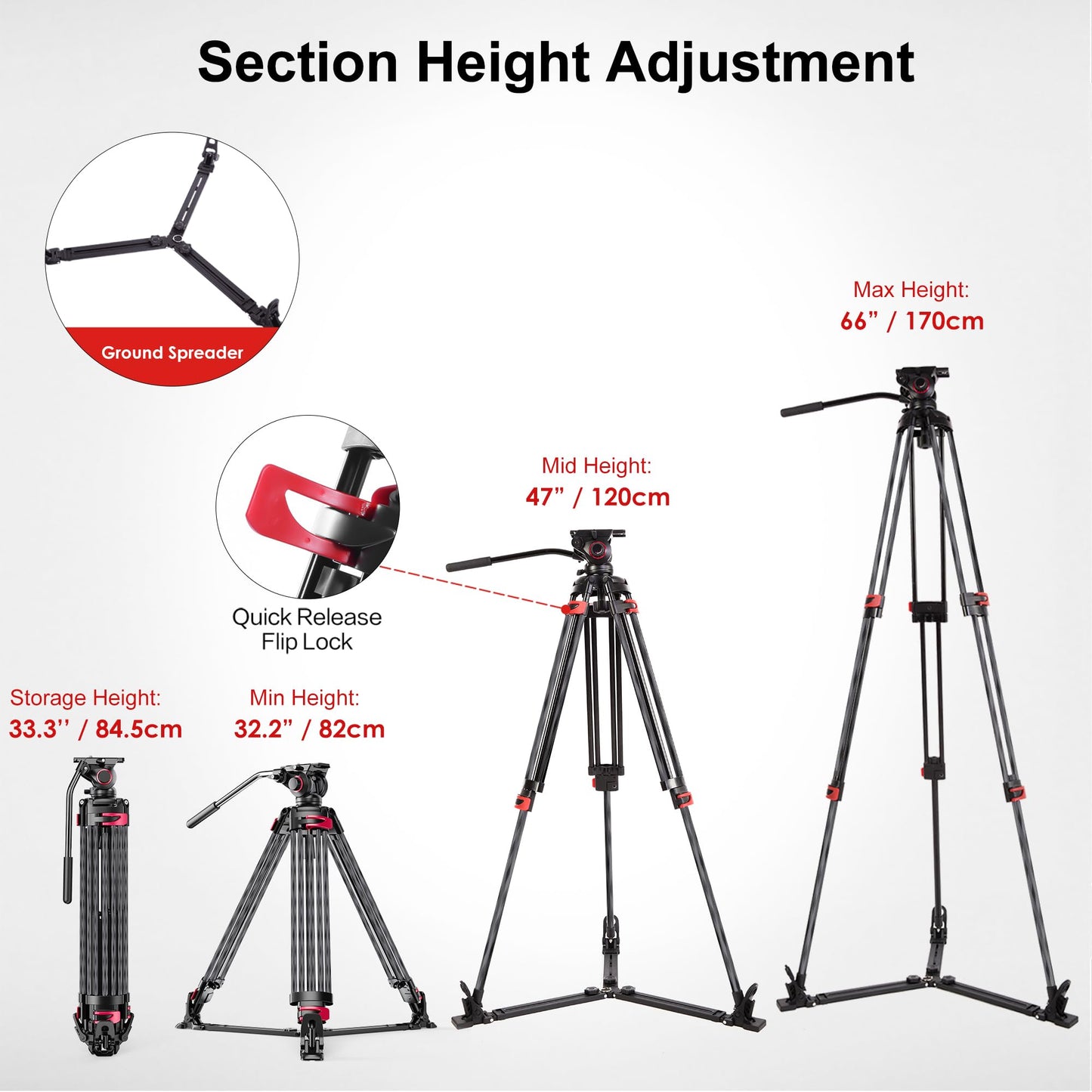 miliboo Carbon Fiber Tripod,Camera Tripods Stand with Infinitely Damped Head,Professional Photography Equipment Kit,75mm Bowl,Max Load 33 lbs,Heavy Duty Tripod with Ground Extender（MTT609B）