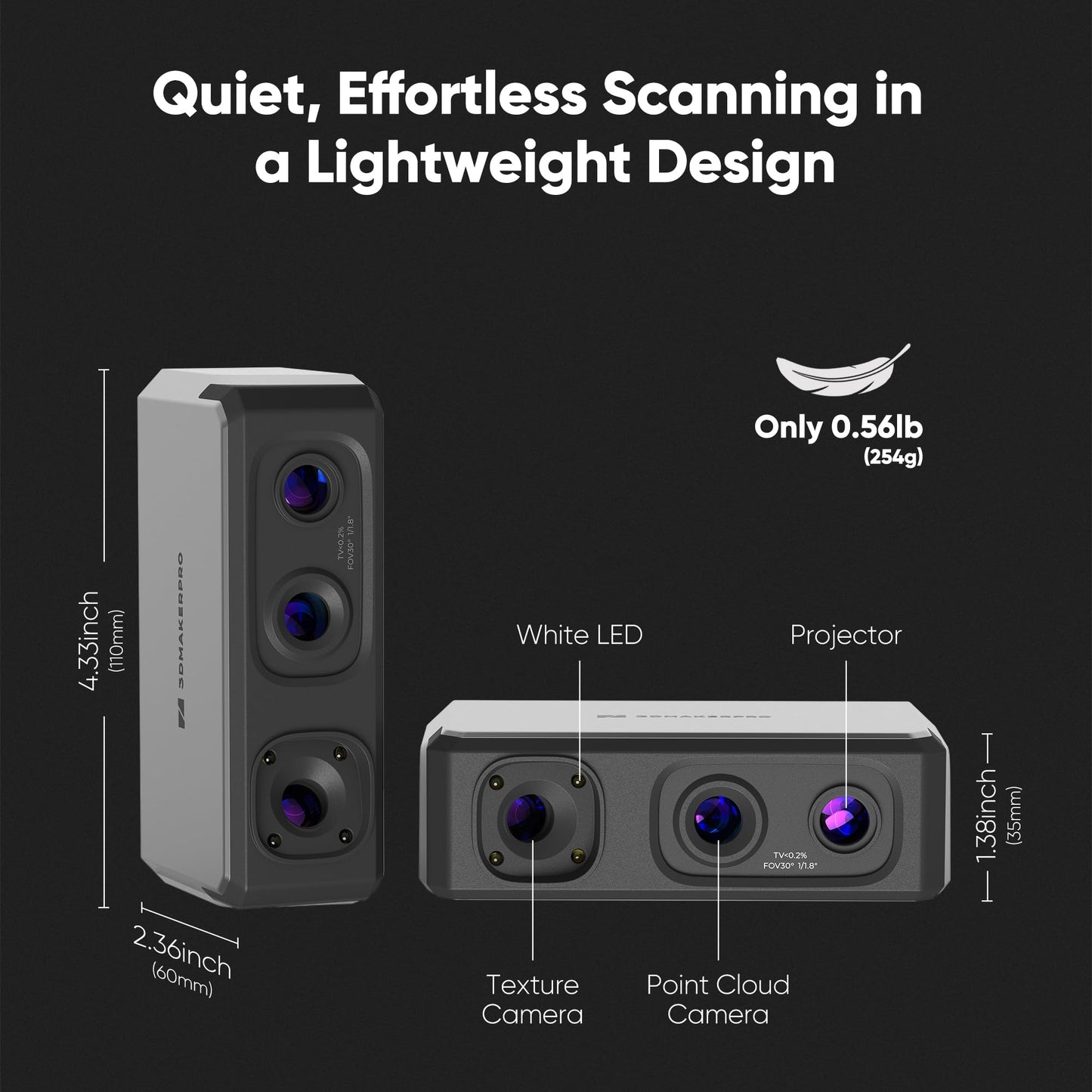 3DMakerpro 3D Scanner Seal Lite, Small-Format 3D Scanners for Printing, Blue Led Light Source, Up to 0.02mm Accuracy, Mono Texture Scanning