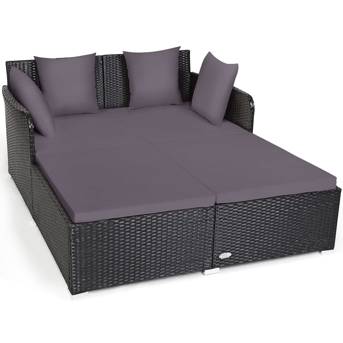 Tangkula Outdoor Rattan Daybed, Sunbed Wicker Furniture w/Spacious Seat, Upholstered Cushion & High-Resilience Sponge, Wicker Patio Sofa Set w/Extra Pillows for Courtyard Poolside (Grey)