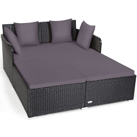 Tangkula Outdoor Rattan Daybed, Sunbed Wicker Furniture w/Spacious Seat, Upholstered Cushion & High-Resilience Sponge, Wicker Patio Sofa Set w/Extra Pillows for Courtyard Poolside (Grey)