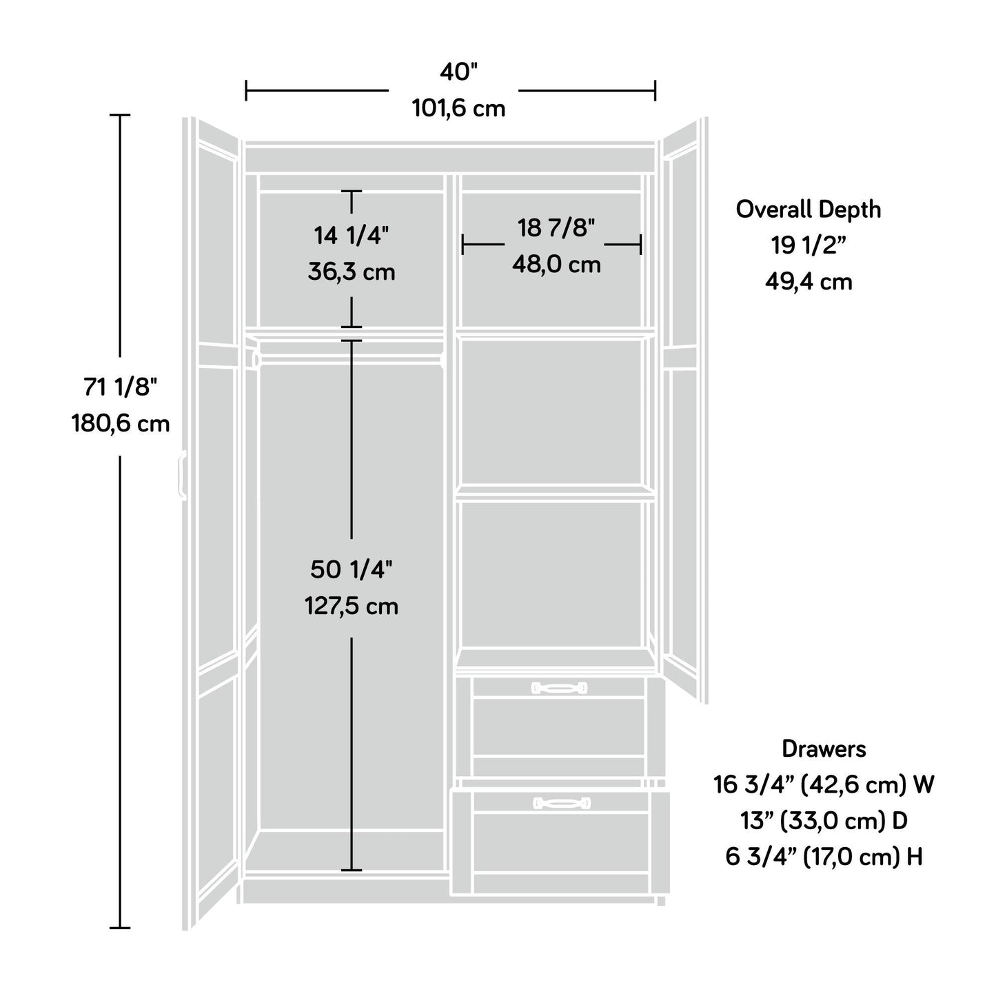 Sauder Select Multipurpose Bedroom Armoire Wardrobe Closet Pantry Storage Cabinet with Storage Drawers and Hanging Rail, in Soft White finish