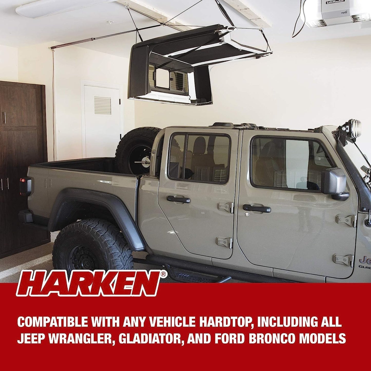 HARKEN - Jeep Hardtop Overhead Garage Storage Hoist for Jeep Wrangler, Gladiator, Ford Bronco, Self-Leveling, Safe Anti-Drop System, Easy One-Person Operation, 45-145lb Capacity - 7803.12JEEP6T