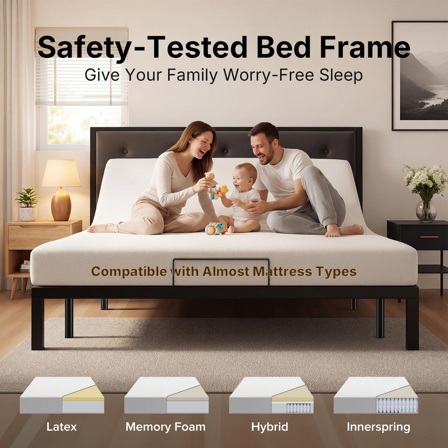 Adjustable Bed Frame King Size for Seniors (Grey, Queen (U.S. Standard))