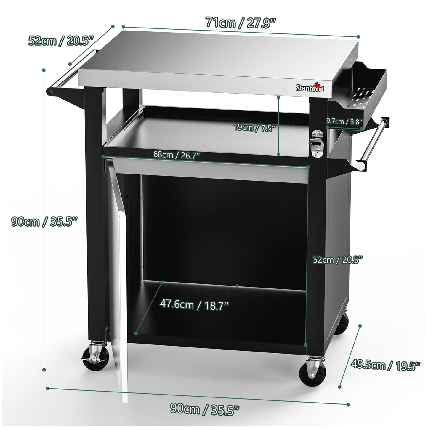 Stanbroil Rolling Grill Table Cart with Storage Cabinet, 3-Shelf Movable Prep Table Outdoor Bar, Multifunctional Grill Cart with Stainless Steel Tabletop, Paper Towel Holder