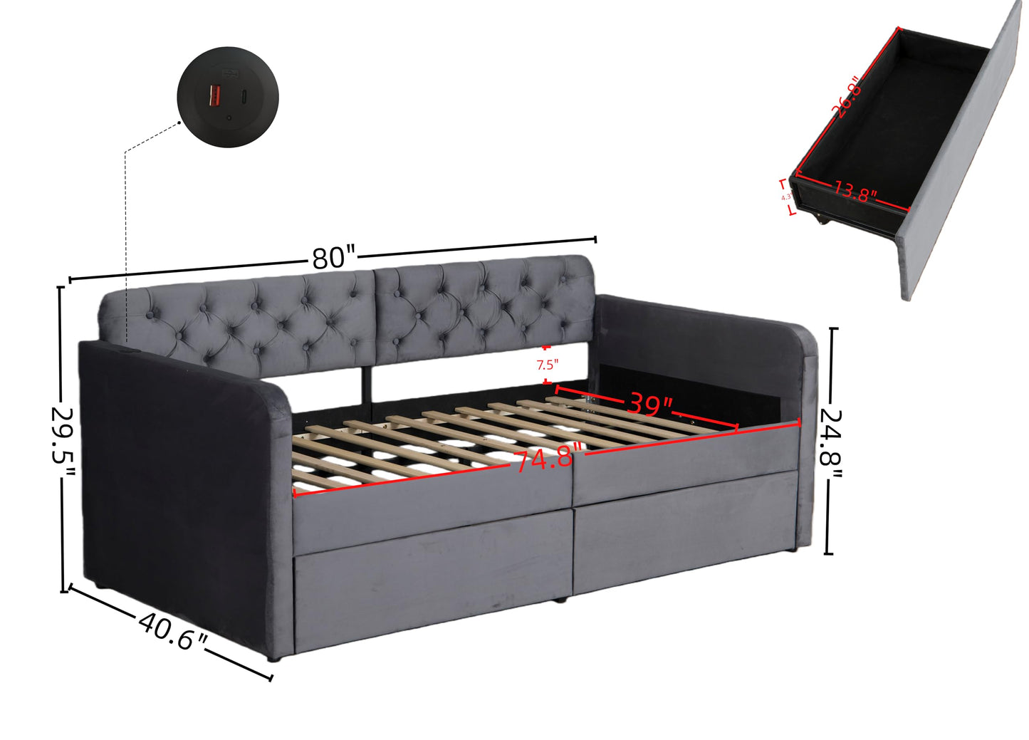 GDFStudio Twin Size Bed Frame with 2 Storage Drawers, Velvet Upholstered Twin Daybed with Headboard and Charging Station, Tufted Wood Platform Bed Frame, Solid Slats, No Box Spring Needed, Grey