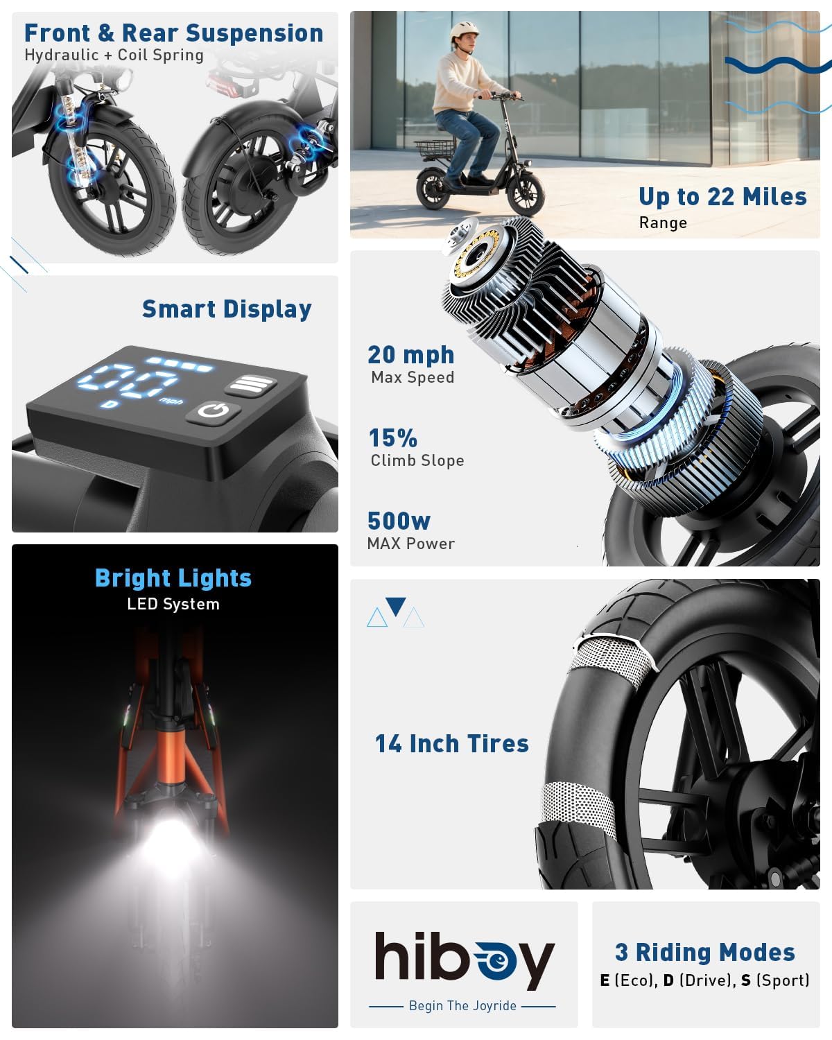 Hiboy Q2 Electric Scooter with Seat for Adults, 500W Peak Motor, 20MPH, 22 Miles Range, Foldable, Dual Suspension, Front & Rear Drum Brakes, Commuter E Scooter with Basket & Phone Holder, Pure Black