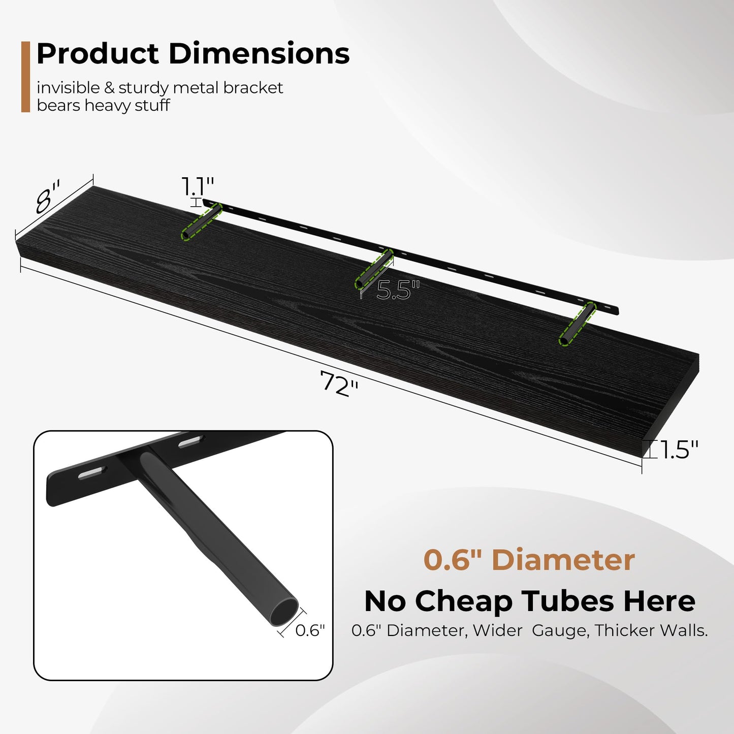 Fun Memories 72 Inch Floating Shelves for Wall, Fireplace Mantel Shelf with Invisible Heavy Duty Bracket, 8 Inch Deep Storage Shelf for Living Room, Kitchen, Farmhouse, Black (2-Pack)