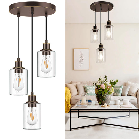 MAXvolador 3-Light Pendant Light Fixture, Adjustable Clear Glass Shade, E26 Base, Oil-Rubbed Bronze
