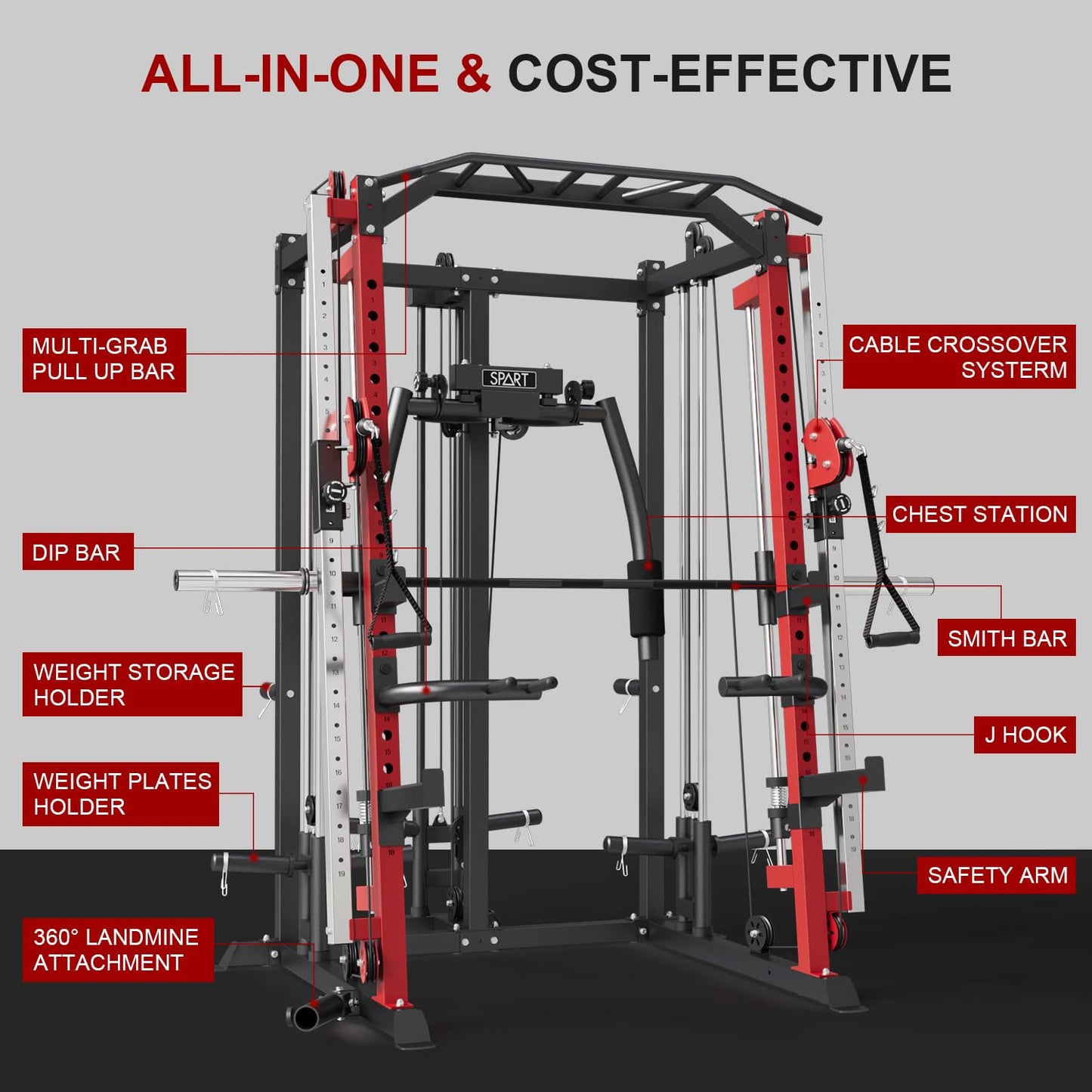 SPART Workout Station Angled Smith Machine with Bench,Cage System-Home Gym Multifunction Rack,Workout Equipment with Smithe Bar, LAT Pull-Down Systems, Cable Crossover Machine and Cable Attachment
