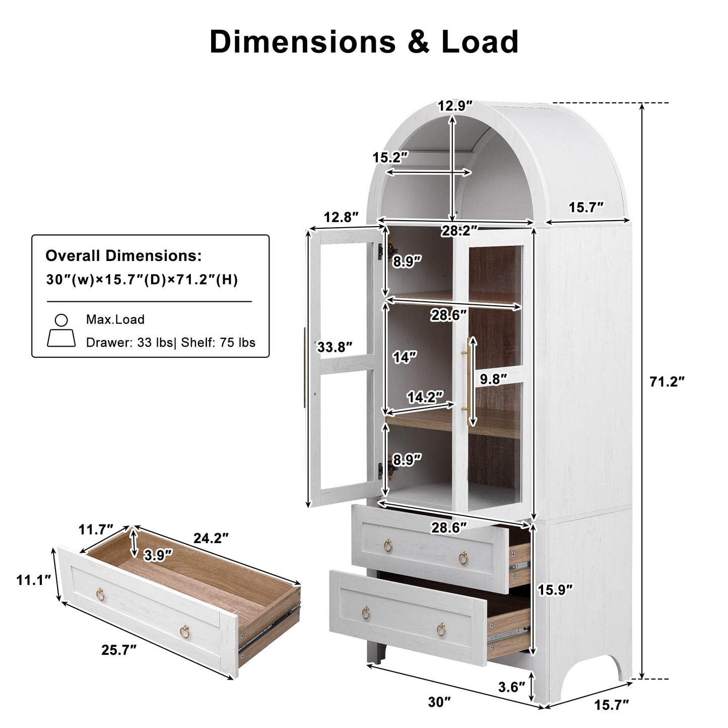 Merax 71" Tall Arched Farmhouse Pantry Cabinet with Glass Doors & 2 Large Drawers - Adjustable Shelves, Modern Kitchen Storage Cupboard for Dining Room, Living Room (30" W x 15.75" D), White
