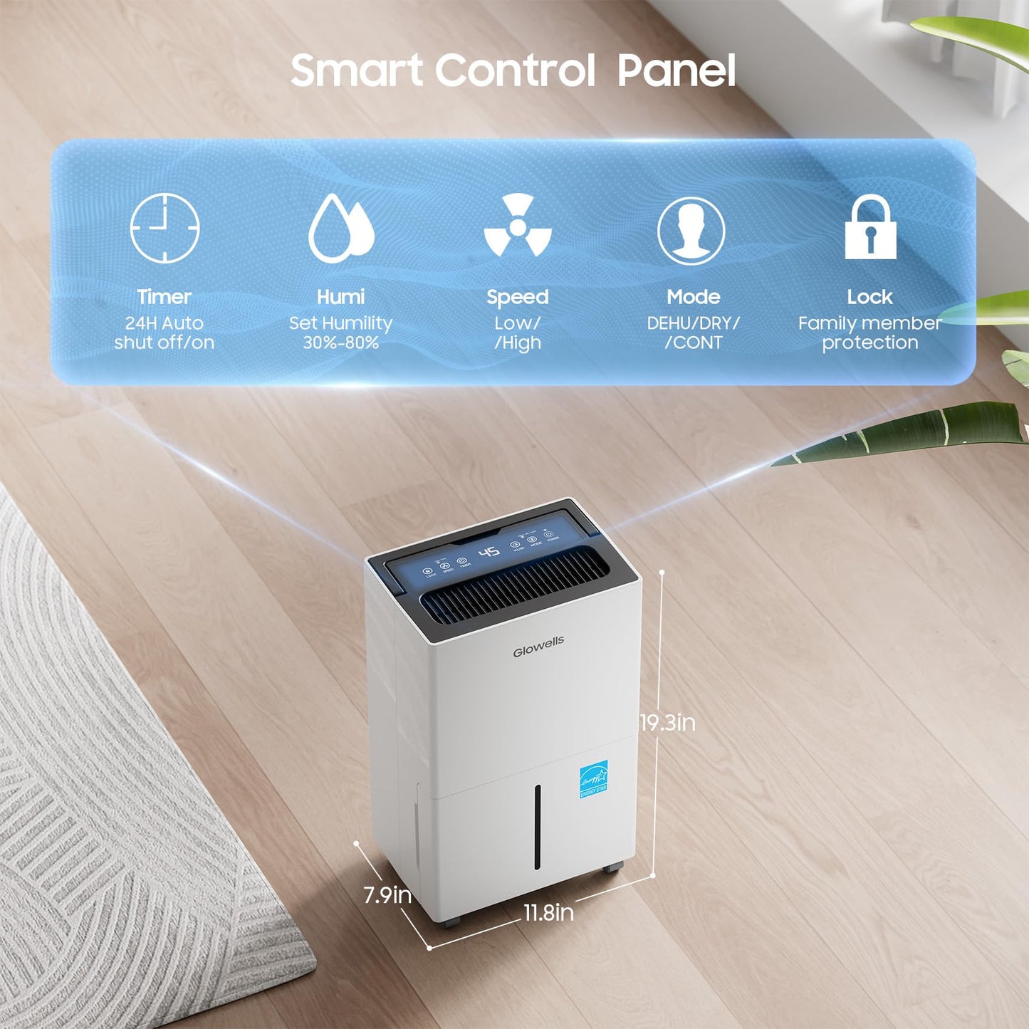 4500 Sq.ft Energy Star Dehumidifier for Home Basement, Glowells 52 Pints Large Room Dehumidifier with Drain Hose & Water Tank 0.58 Gal, Dehumidifiers with Smart Humidity Control, Auto Defrost