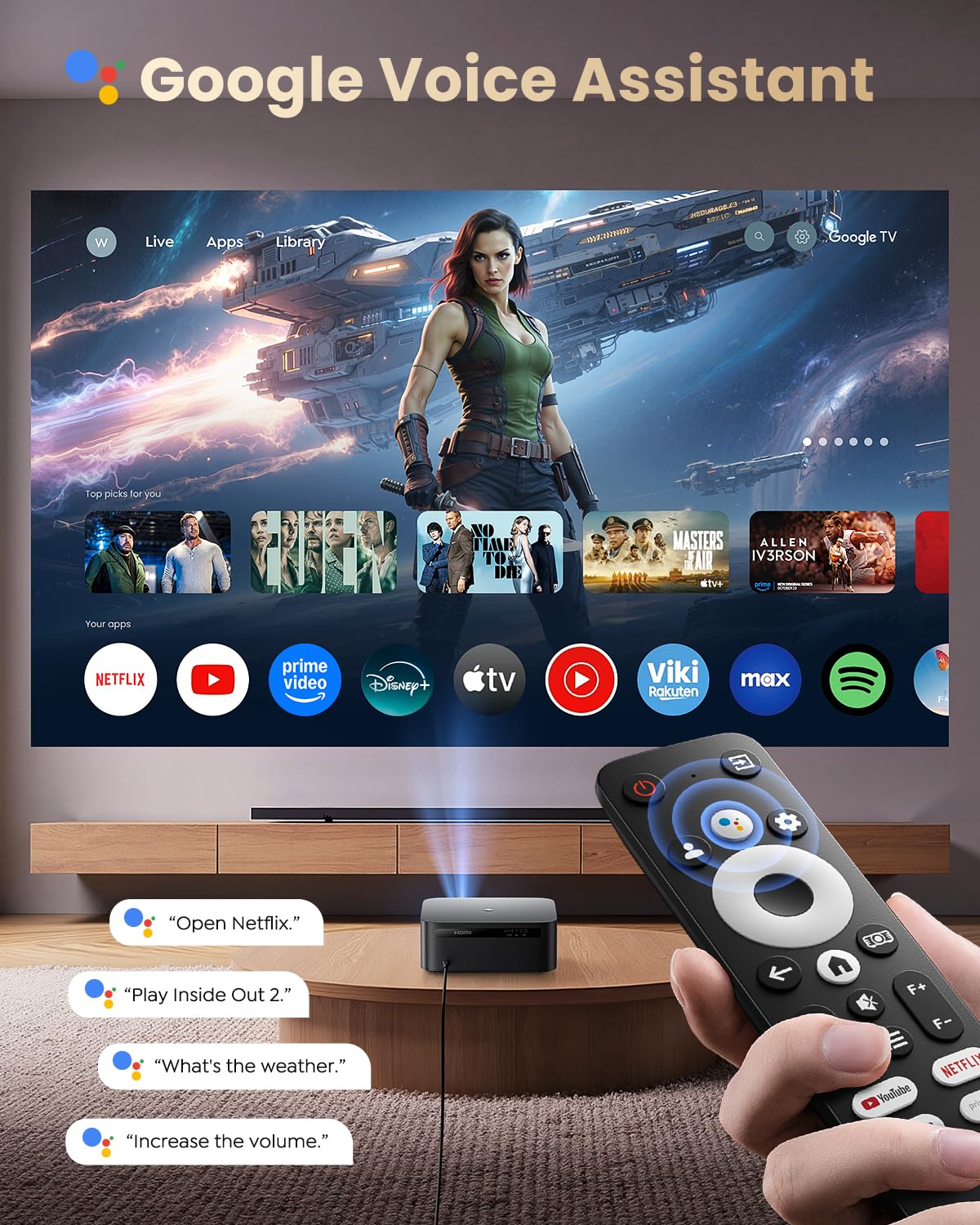 【Bundled with Google TV Stick/4K Supported】Smart Projector with WiFi & Bluetooth, Outdoor & Home TV Movie Projectors with Voice Control, Auto Focus & Keystone, Compatible with Netflix Proyector WiMiUS