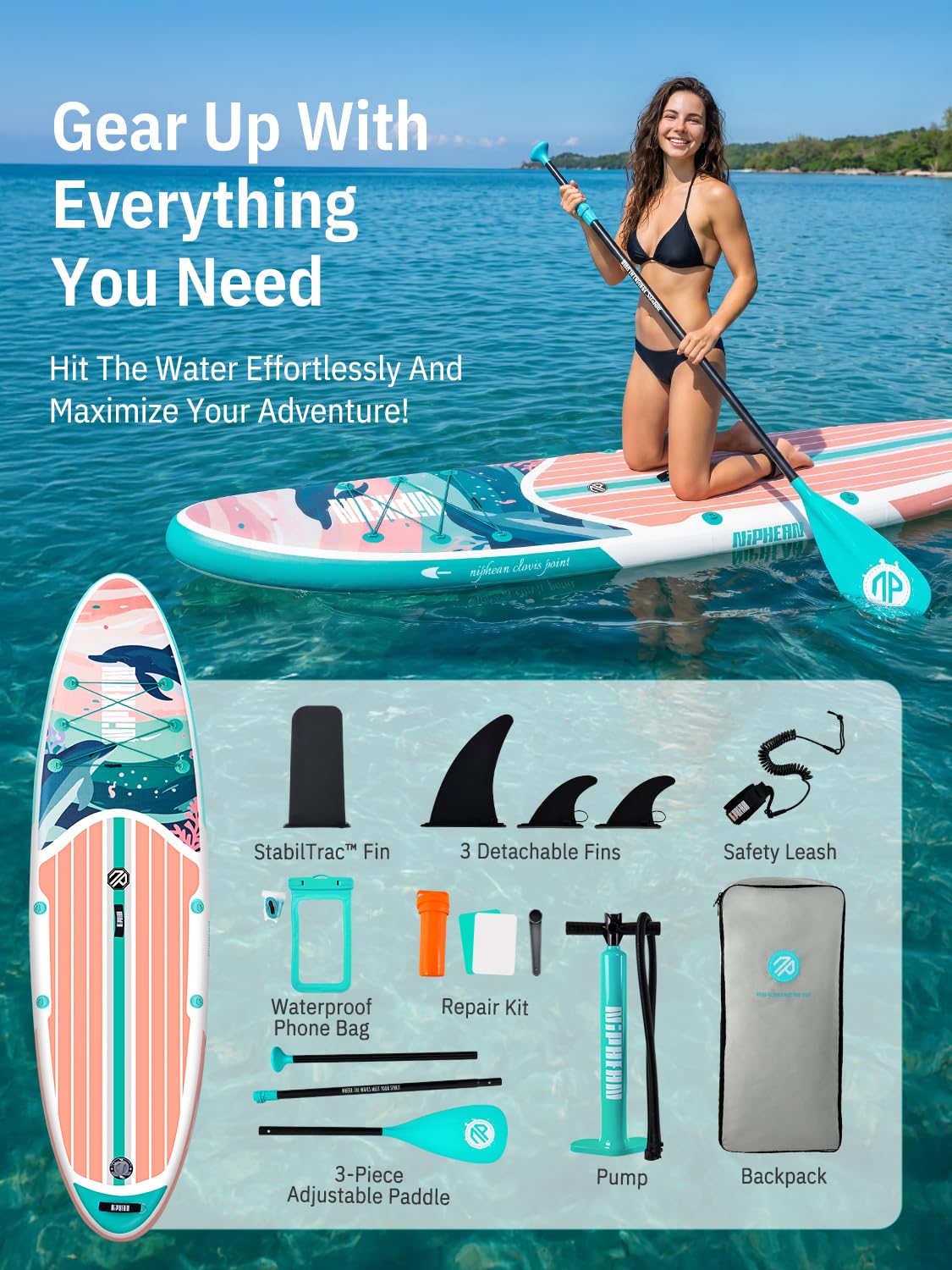 Niphean Inflatable Stand Up Paddle Board with SUP Accessories, Anti-Slip EVA Deck, 10’6’’ Inflatable Paddle Boards for Adults & Youth of All Skill Levels (Dolphin Dreamscape)