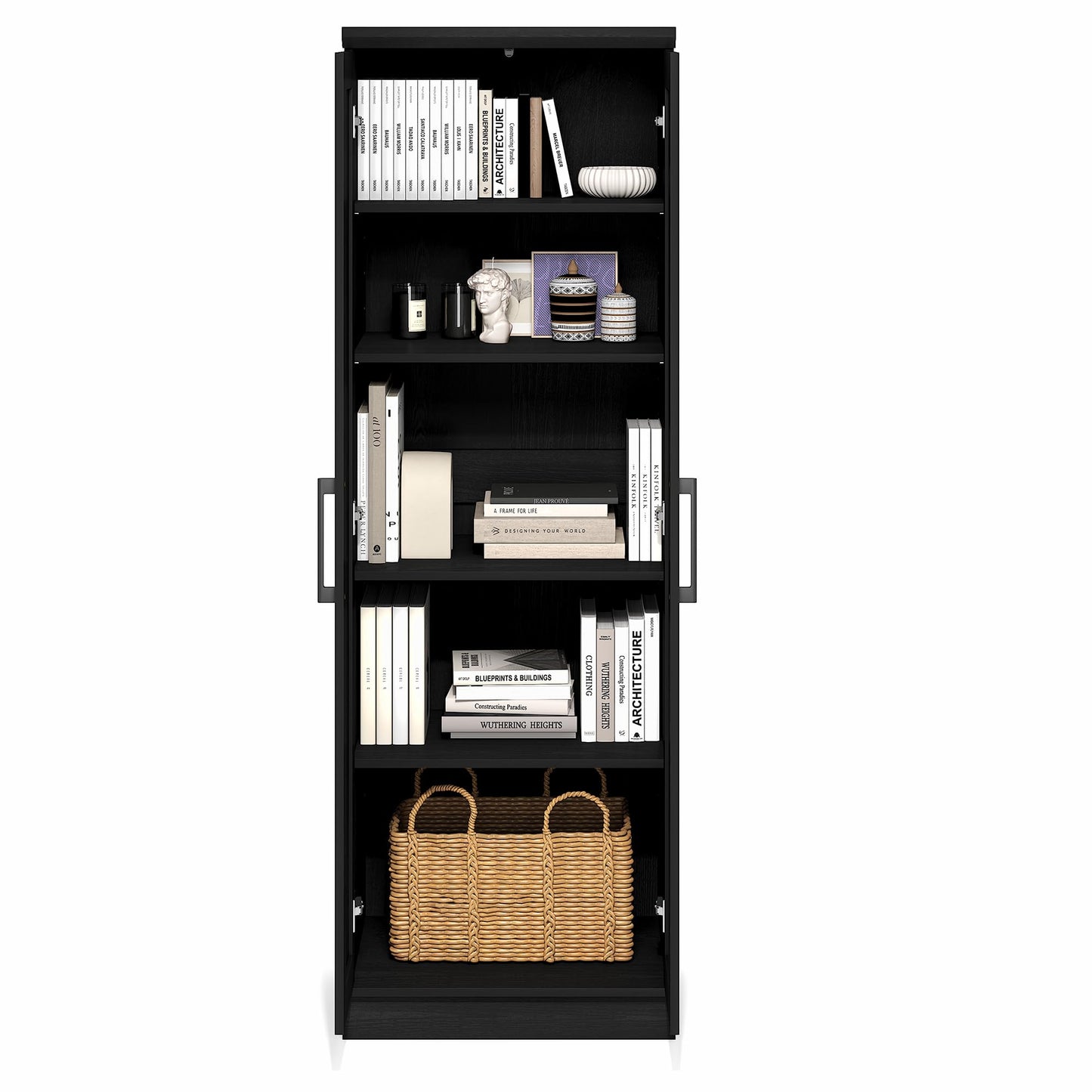 Furinno Robin Storage Cabinet, 5-Tier Pantry Cabinet with Adjustable Shelves, 23W with 2 Shaker-Doors, Kitchen Cabinet, Organization and Storage, for Pantry, Living Room, Home Office, Black Woodgrain