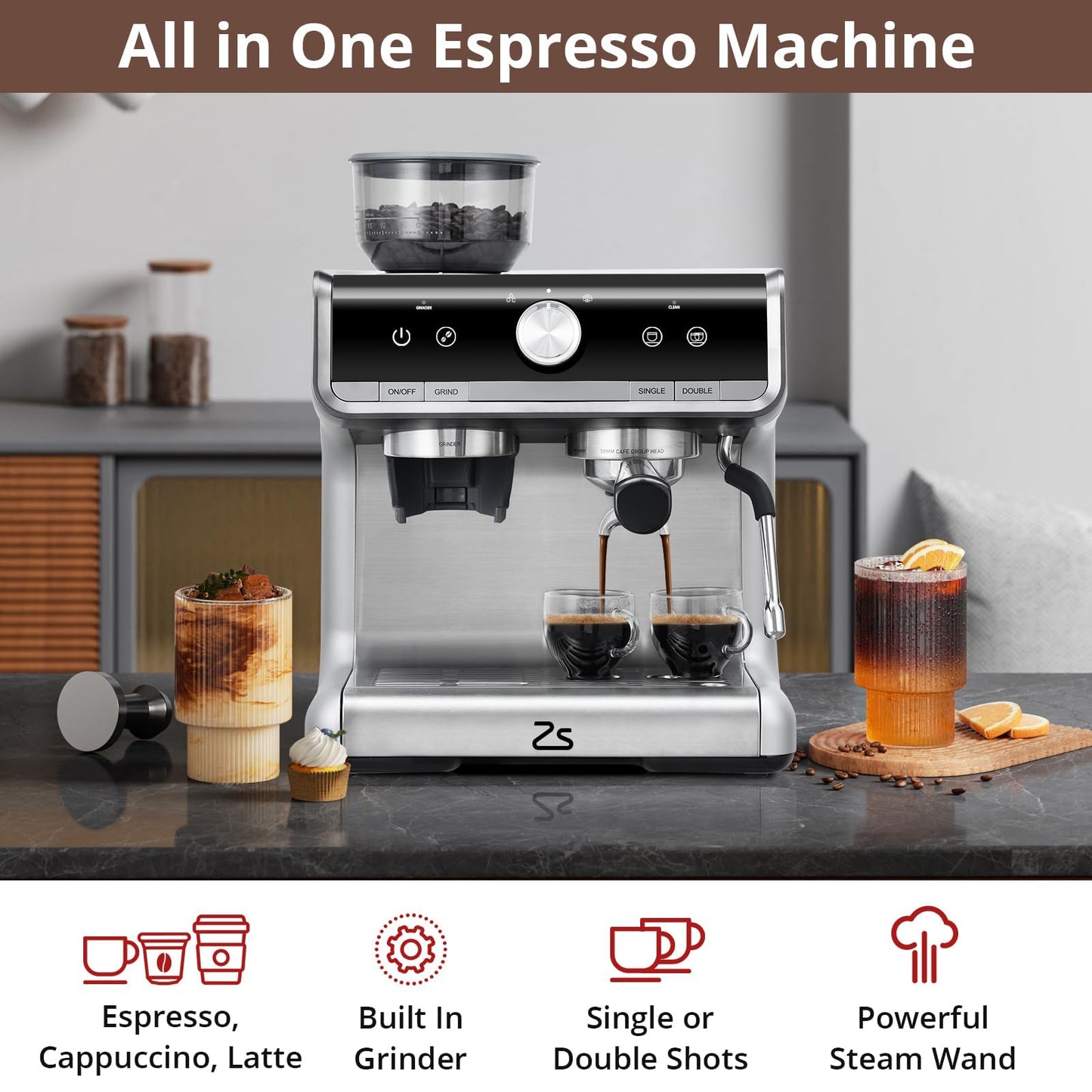 Garvee Espresso Machine With Grinder, Barista Express Espresso Machine, 20 Bar Expresso Coffee Machines with Milk Frother Steam Wand, Cappuccino & Latte Machine for Home, Silver