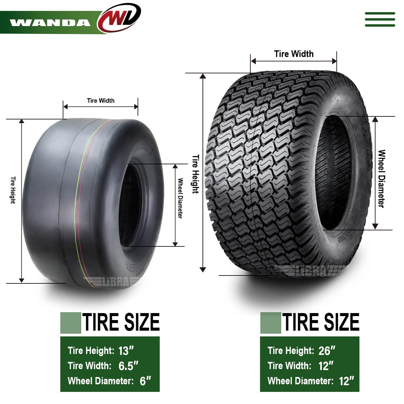 WANDA Set 4 13X6.5-6 & 26X12-12 Zero turn Lawn Mower Tractor Cart Turf Tires 4 Ply-13207/13056