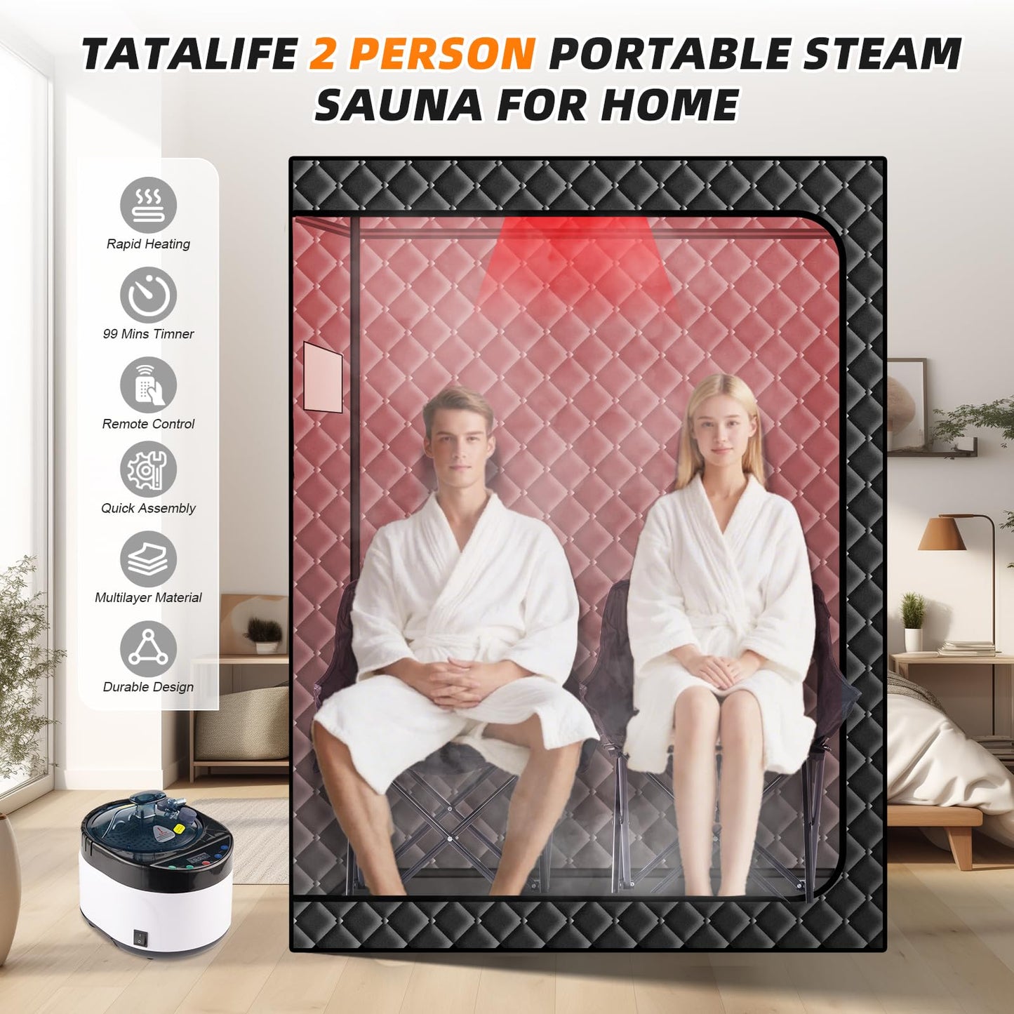 TaTalife 2 Person Steam Infrared Sauna Box, Portable Full Size Home Sauna Tent with 660nm Red Light Therapy, 4L 1600W Steamer, Remote Control