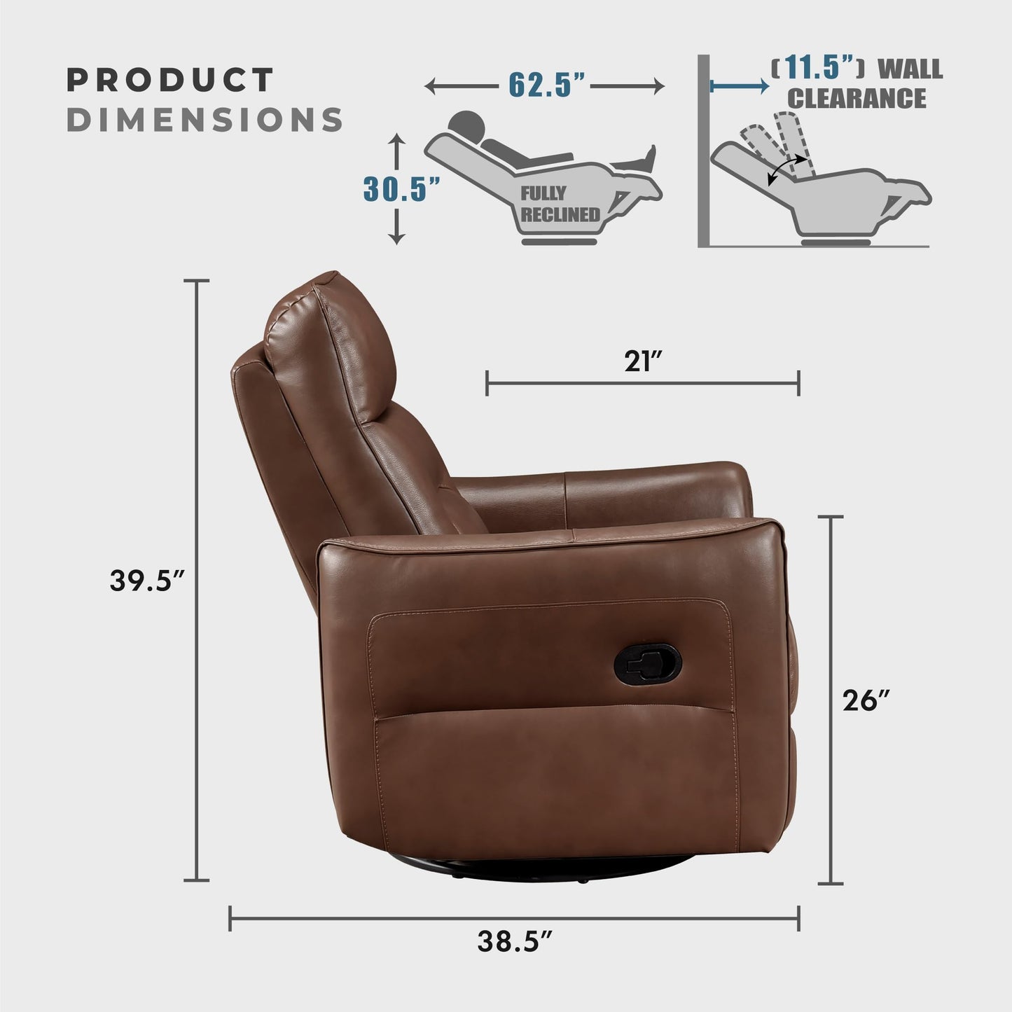 Lexicon Swivel Glider Reclining Chair, Top Grain Leather Match Manual Recliner, Comfy Nursery Glider Recliner, Swivel Reclining Chair for Living Room/Office/Bedroom/Apartment, Toffee Brown