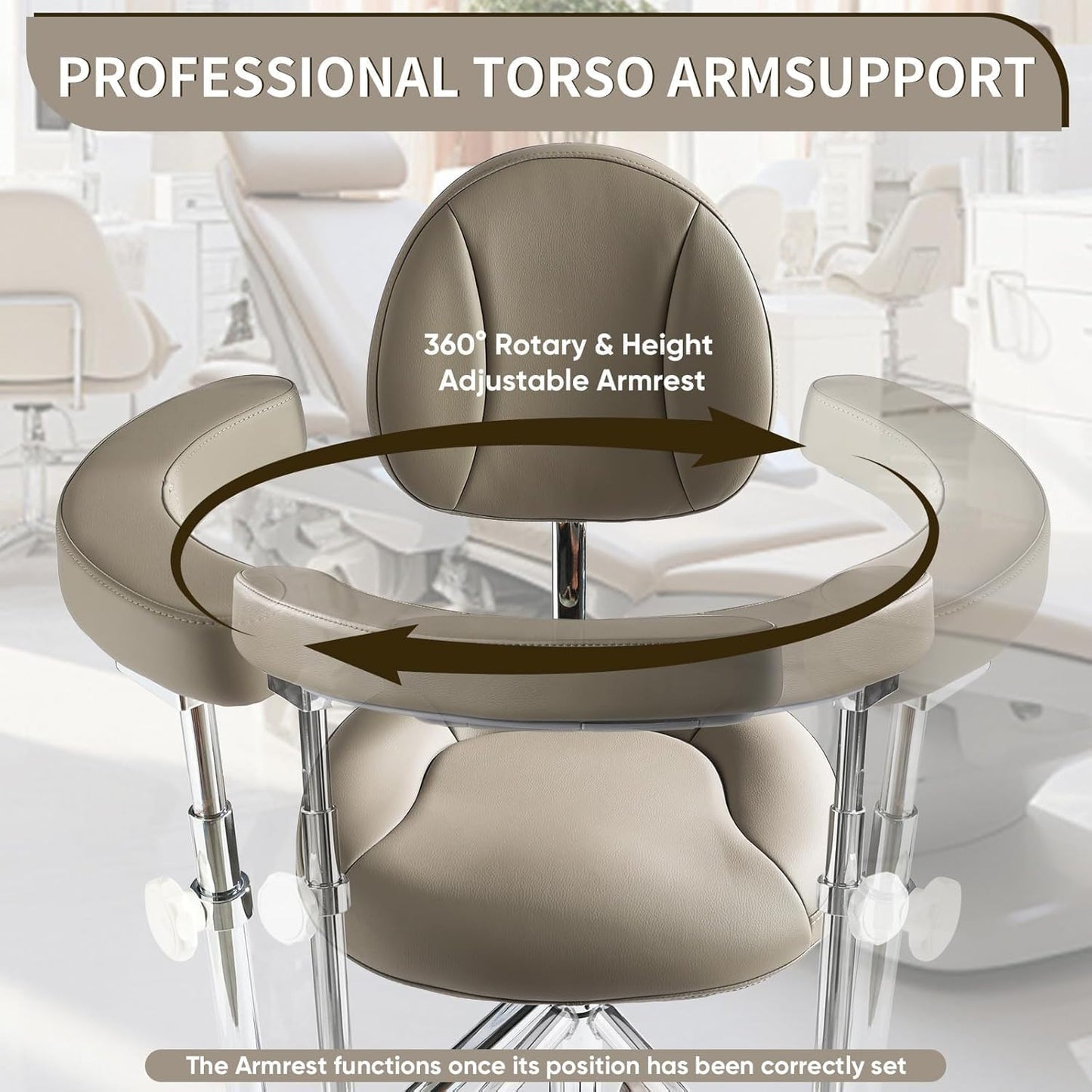 Professional Dental Stool with Adjustable Armrest & 125° Synchro Tilt-Back – Height Adjustable Rolling Medical Chair with Lumbar Support, 400 lbs Capacity – for Dentist, Hygienist, Tattoo, Salon-Grey