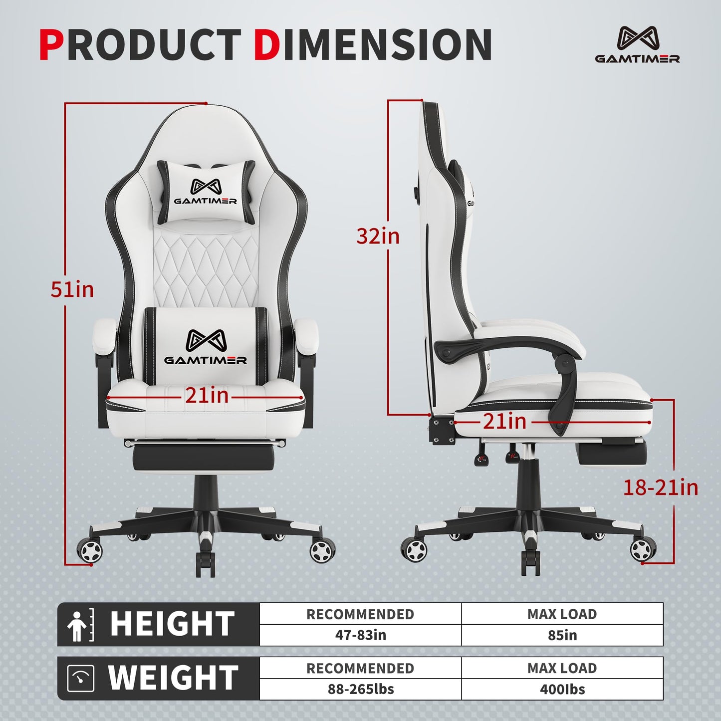 Gamtimer Gaming Chair with Footrest, Ergonomic Computer Chair, PU Breathable Material with Headrest and Lumbar Support, Suitable for Silla Gamer and Adults (White)