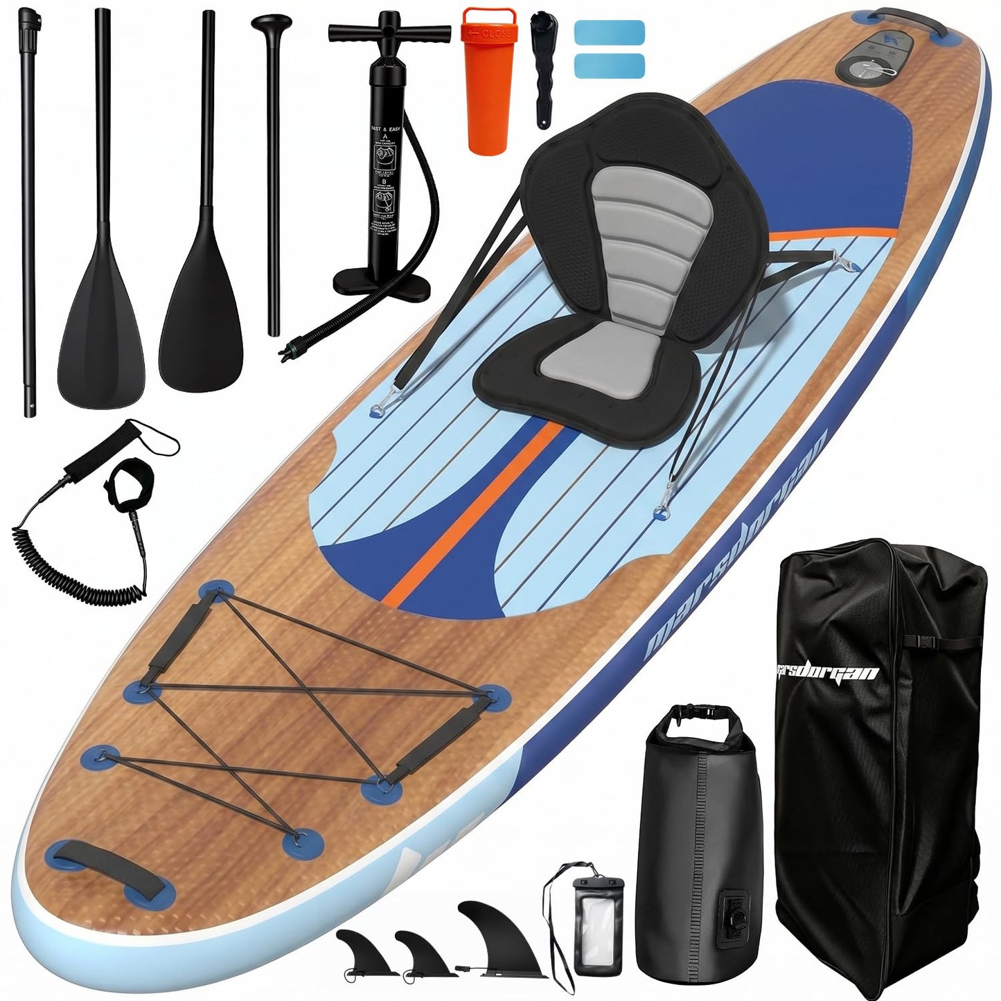 Marsdorgan 11' Inflatable Paddle Board Dark Oak with Seat | Extra Wide SUP Non-Slip Deck, 360° Leash | Stable for Family Lake Ocean, Includes 10L Dry Bag