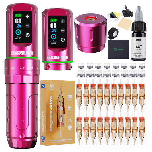 Dragonhawk Tattoo Kit, L3 Cordless/Cord Complete Tattoo Gun Rotary Pen Machine Kit, Powerful Mcore Motor, 2 Batteries Power Supply Tattoo Needles Cartridges for Pro Artists Pink Color