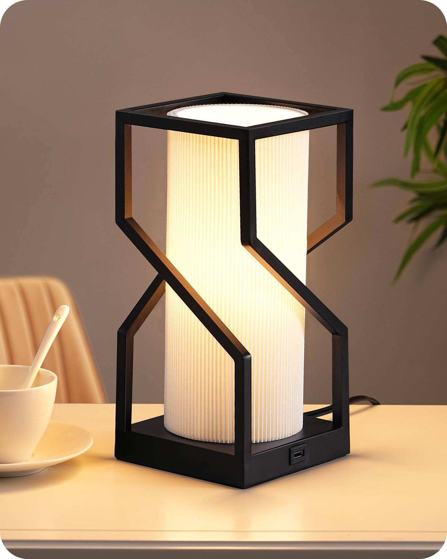 EDISHINE Modern Table Lamp with Touch Control, USB Port, 9W Dimmable Bulb, White Pleated Shade