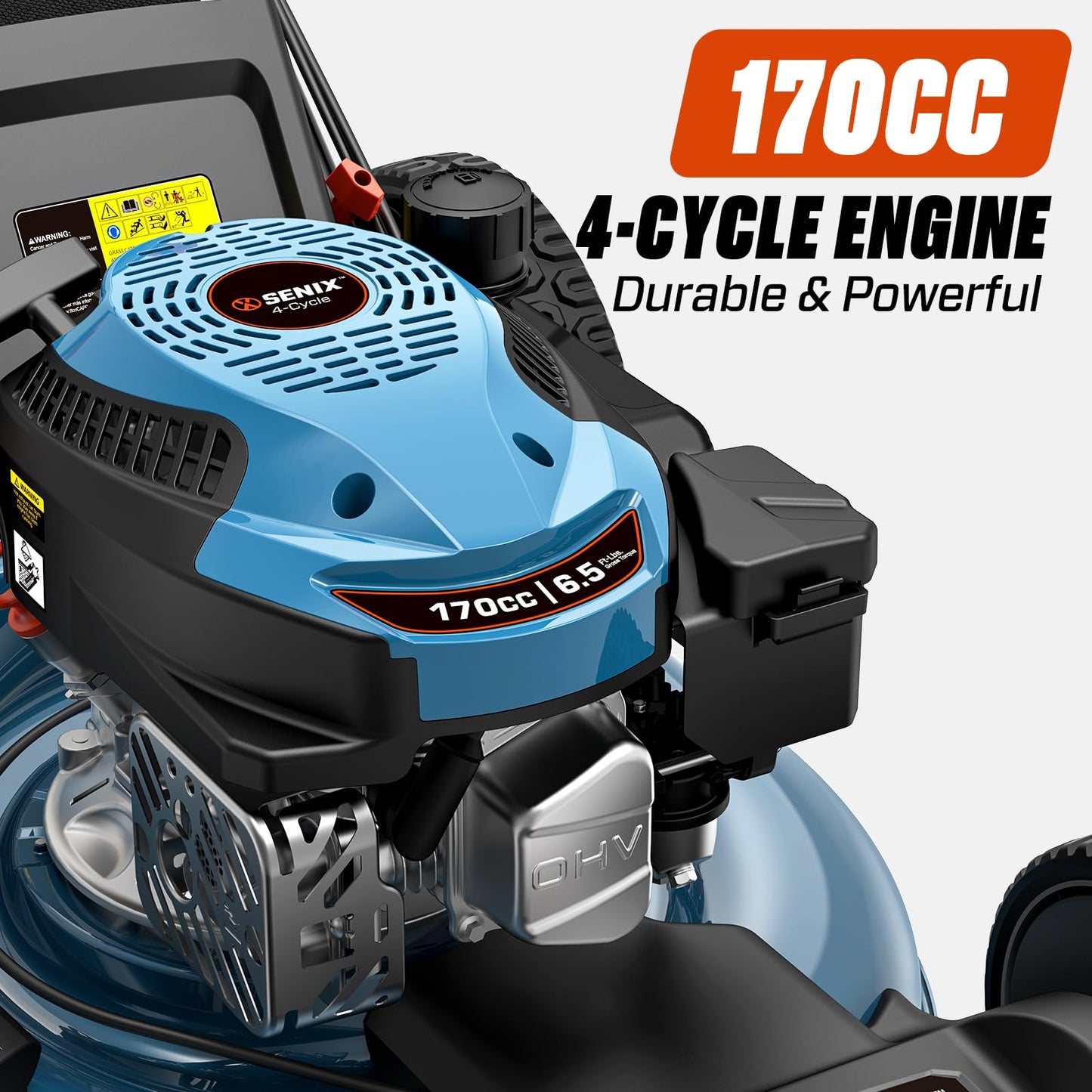 SENIX 21'' Self-Propelled Gas Lawn Mower (FWD), 170 cc 4-Cycle Engine 3.8 HP, 3-in-1 (Bagging/Mulching/Side Discharge), 6-Position Cutting Height Adjustment, 1.7 Bushels Grass Bag