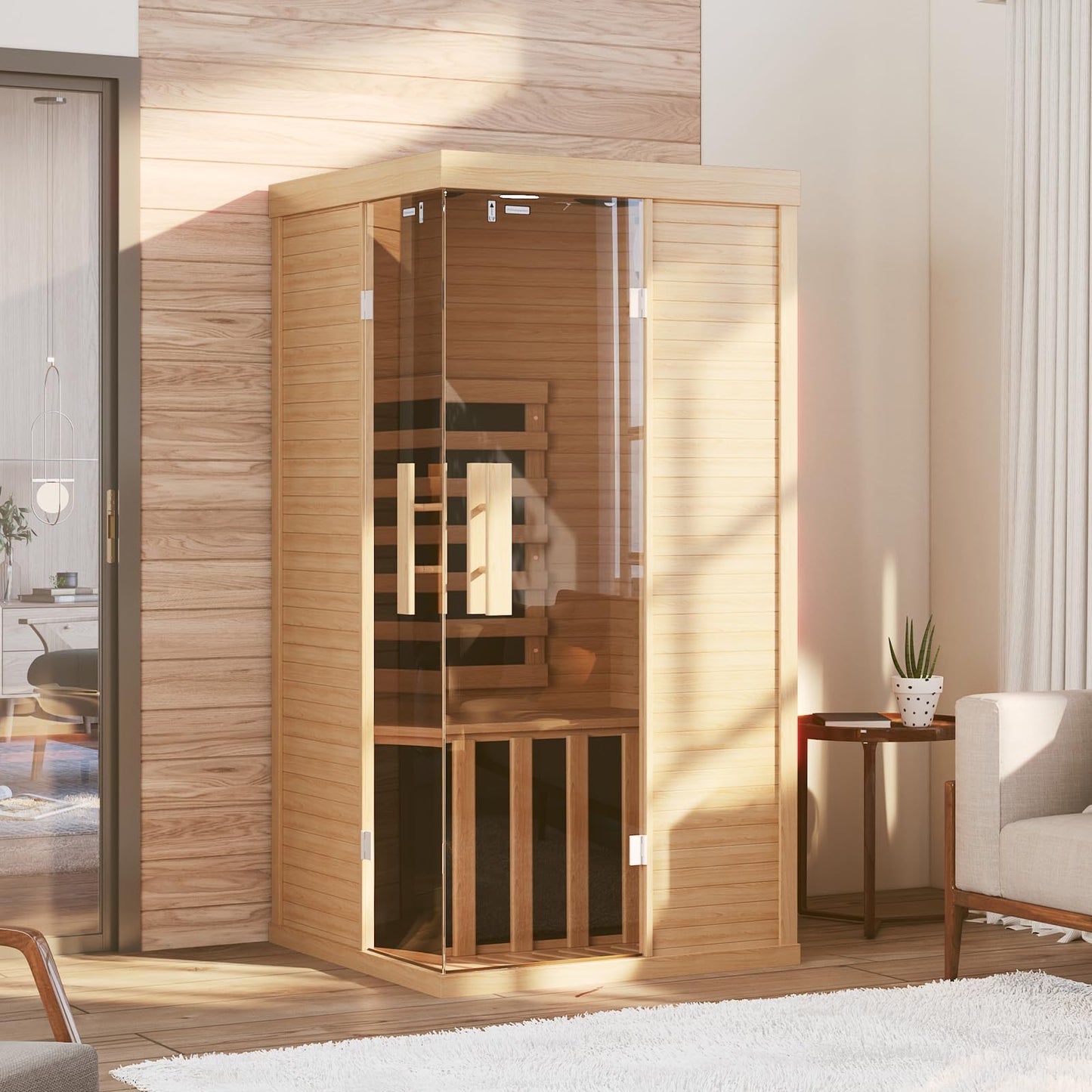 Infrared Sauna for Home, Sauna Spa Room Canadian Hemlock Wood with 10-Color Light , Bluetooth Speakers, Tempered Glass & Control Panel - 149℉ Heating, Indoor Dry & Steam Sauna – 33.5" x 33.5" x 67"
