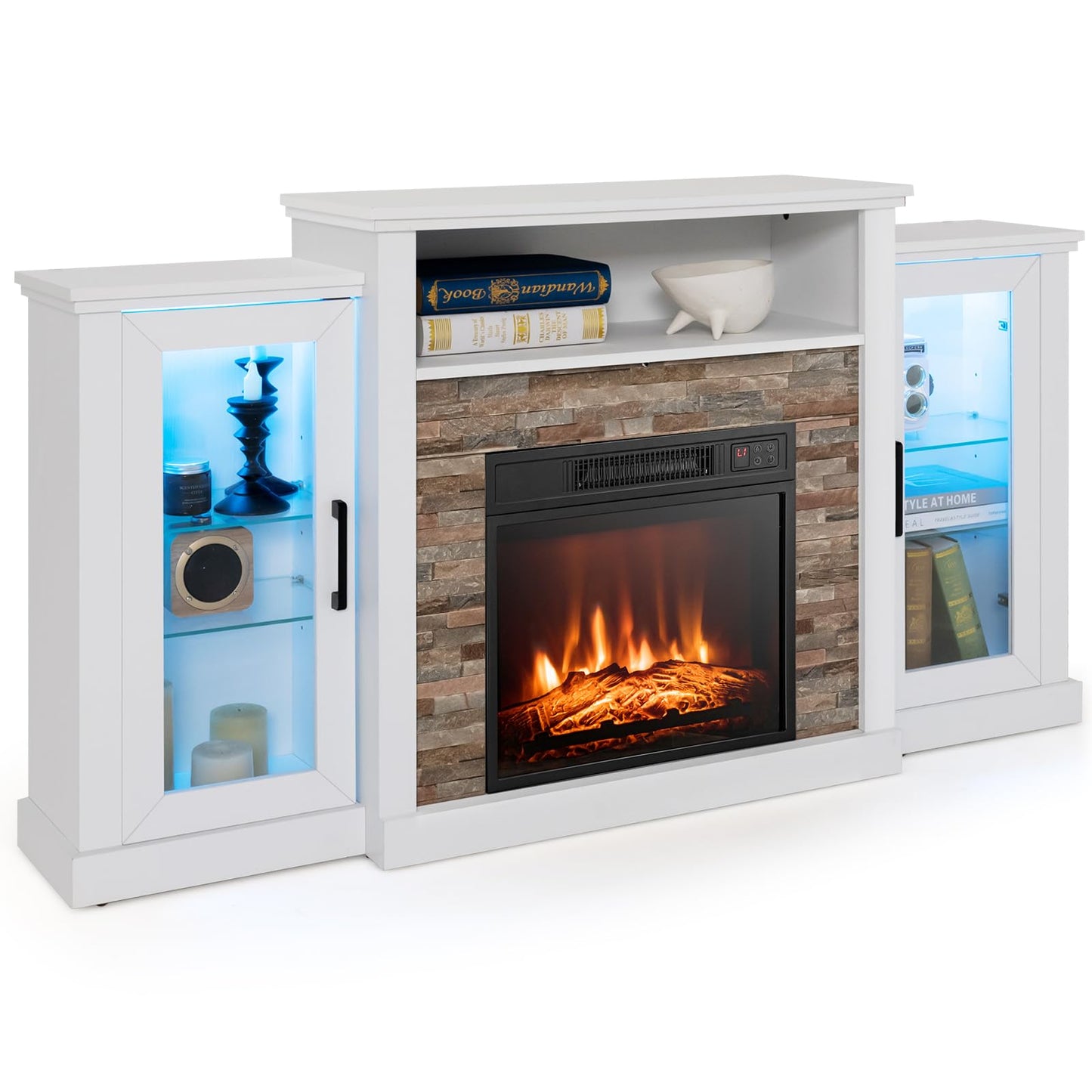 Tangkula Electric Fireplace TV Stand, Electric Fireplace Mantel with 16-Color Led Lights, Adjustable Glass Shelves, Remote & Smart APP Control, TV Console for Living Room