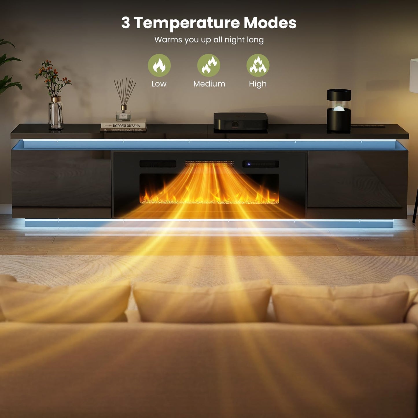 Lamtor Fireplace TV-Stand with 40" Fireplace - 2 LED Light TV-Stand for 90 95 inch TVs - Entertainment Center with 4 AC Power Outlets - 2 Tier TV Consoles Stand for Living Room, Black