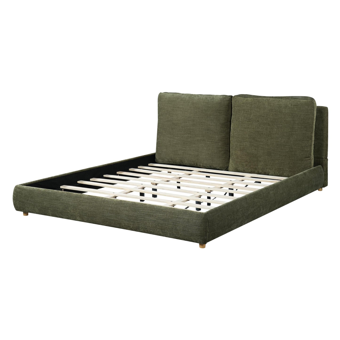 Merax King Size Boucle Fabric Upholstered Platform Bed with Two Removable Pillow Headboard, Wood Bed Frame with Solid Round Legs for Kids Teens Adults, Olive Green
