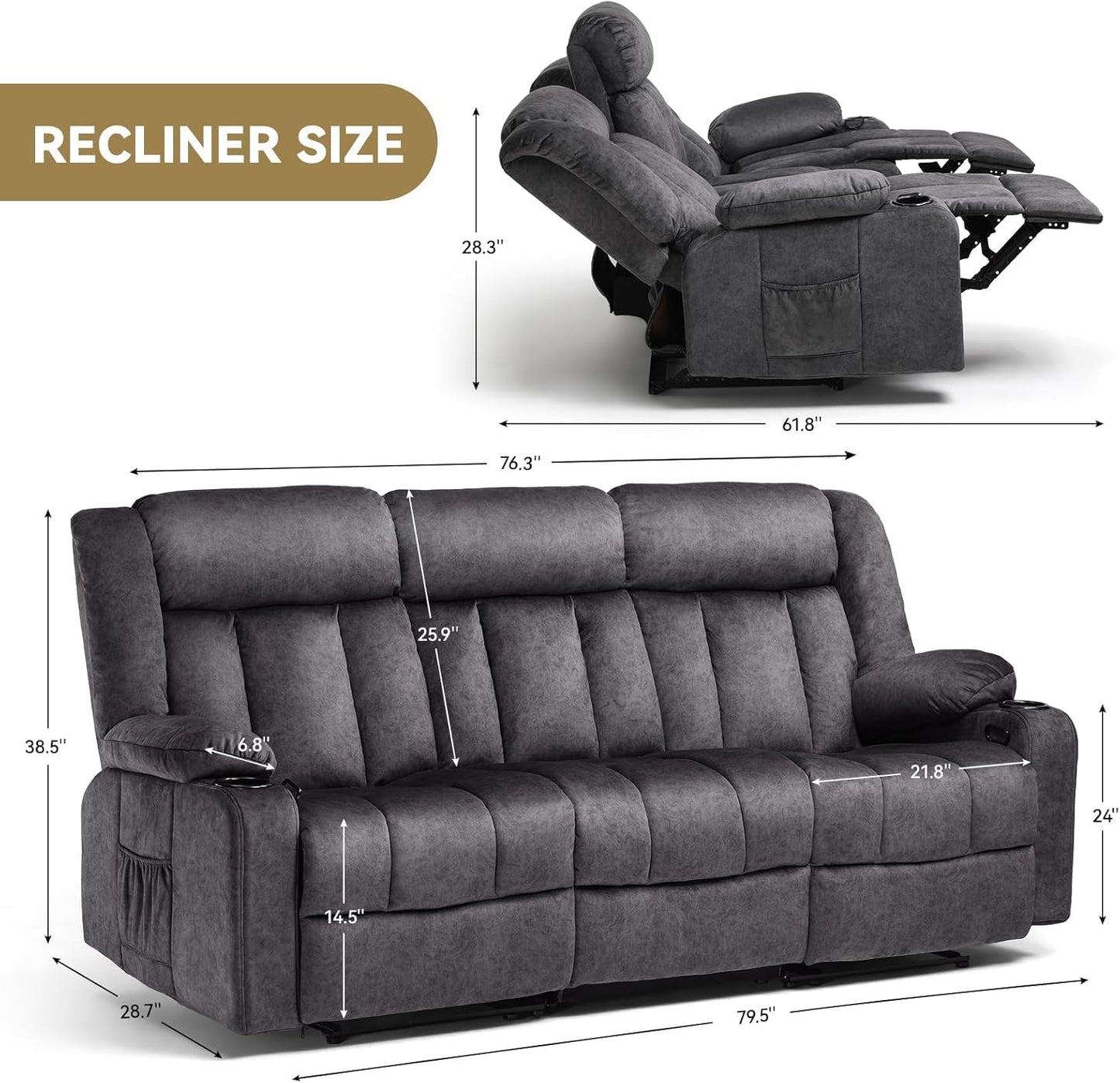 COMHOMA Manual Recliner Chair Set，Fabric Reclining Sofa Chair with Cup Holders, Upholstered Recliner with Side Pockets Suitable for Living Room Furniture (3)