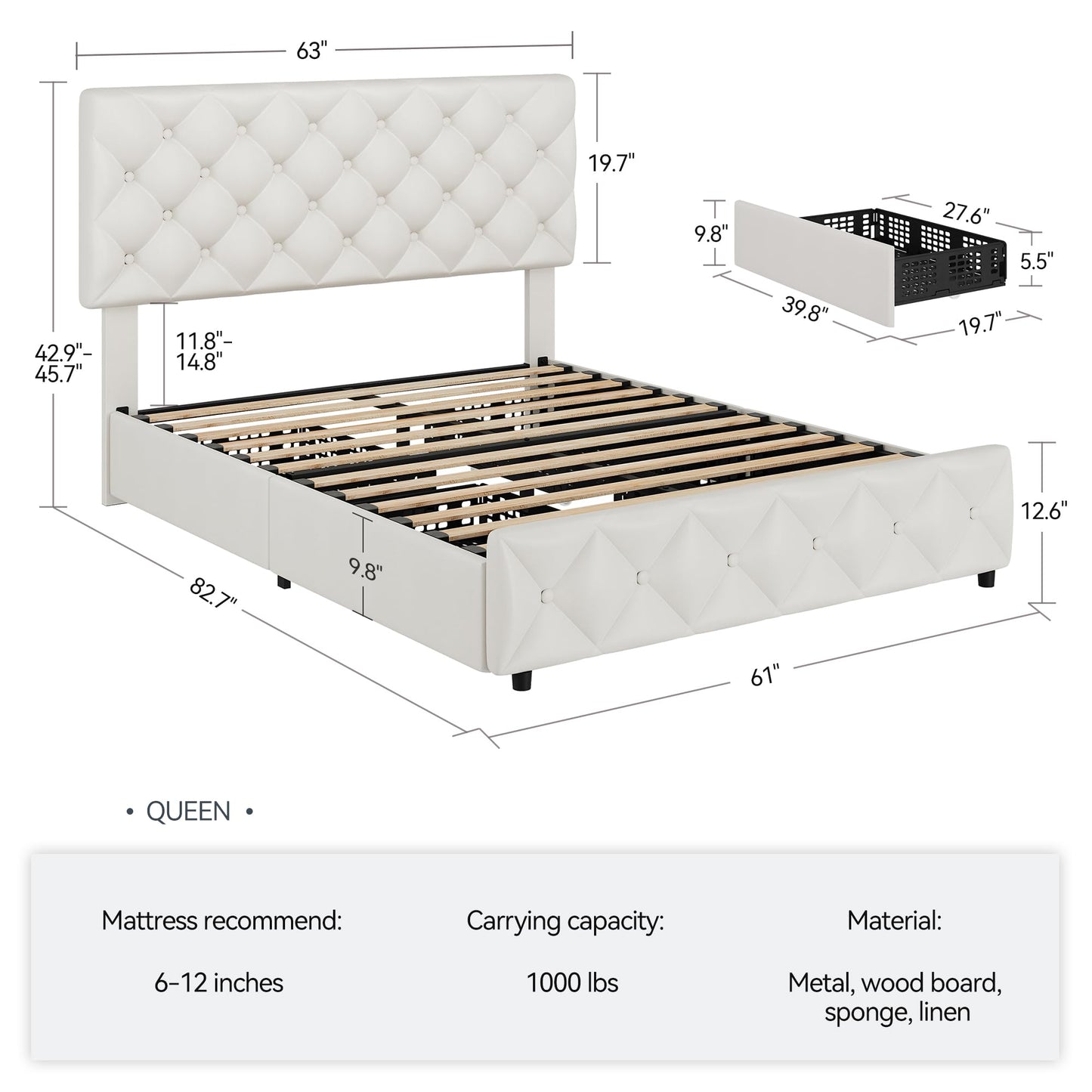 Garvee Queen Size Platform Bed Frame, Faux Leather Upholstered Bed Frame with Adjustable Headboard & 4 Drawers, Modern Bed Frame, Wooden Slats Supports, No Box Spring Needed, White
