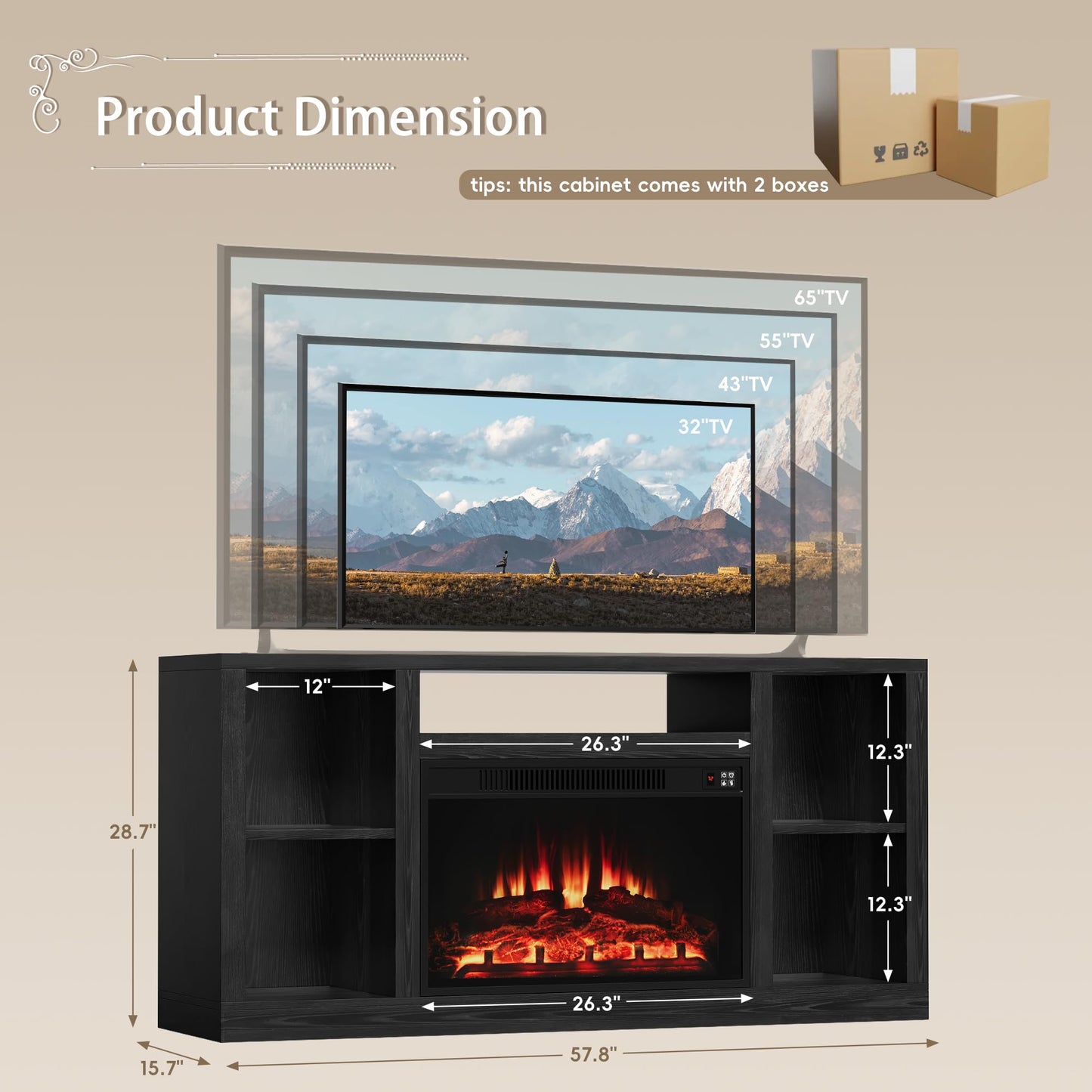 YESHOMY Electric Fireplace TV Stand for Televisions up to 65+ Inch, Media Entertainment Center Console Table with Four Open Storage Shelves & Cabinets, 58 Inch, Black