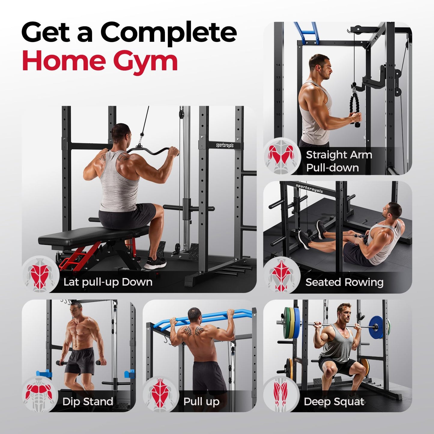 Sportsroyals Squat Rack, LAT Power Cage, Power Rack Multi-Function with Pulley System and Training Attachments for Home Gym
