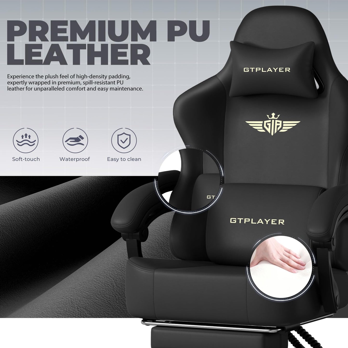 GTPLAYER Big and Tall Gaming Chair 400lbs Heavy Duty Office Chair with Footrest, High Back Pocket Spring Ergonomic Computer Chair for Adults, Wide Cushion with Linkage Armrests,Leather Black-Massage