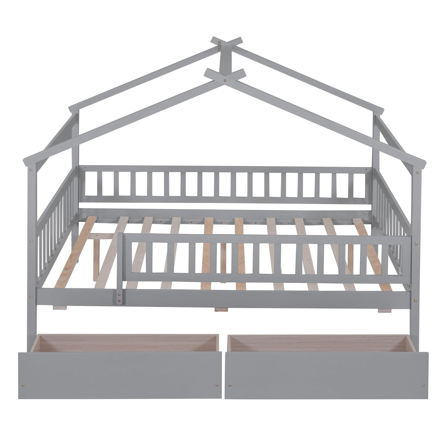 Merax Full Size Wooden House Bed with Two Drawers, Wood Bed Frame with Roof and Safety Guardrail for Kids, Teens, Boys or Girls, Gray