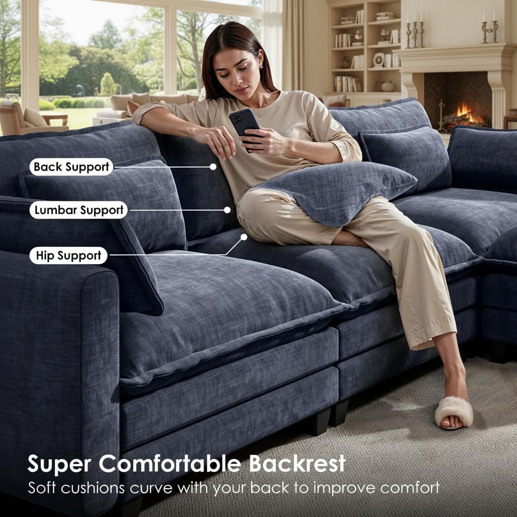 Marsail Modular Sectional Sofa 110.6" U-Shaped Modern Comfy Cloud Couch, 5-Seat Chenille Deep Seat Sofa with Throw Pillow & Movable Ottoman for Living Room, Bedroom and Apartment, Navy Blue