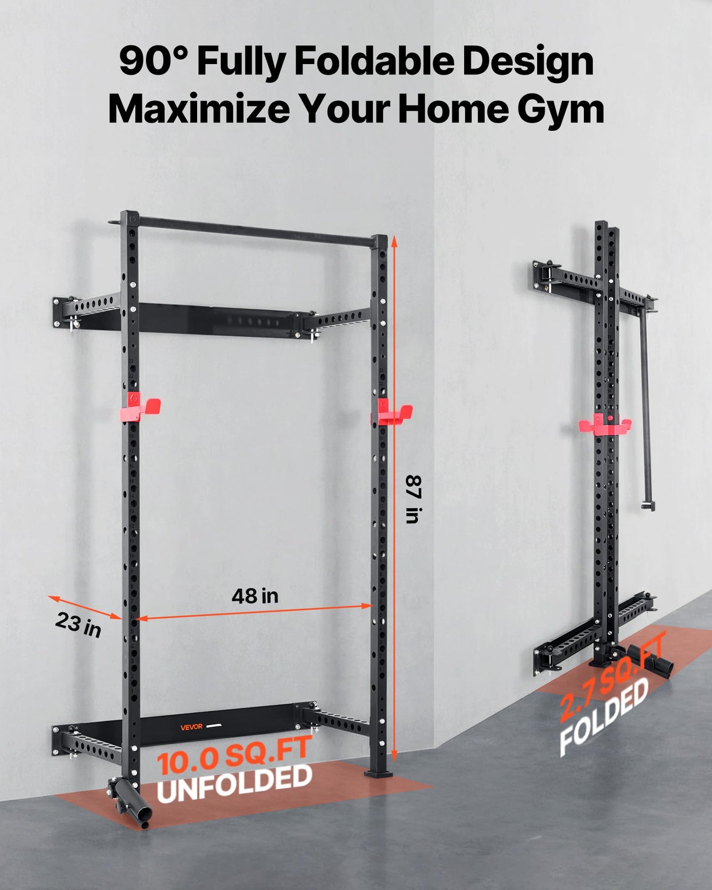 VEVOR Folding Power Cage, Wall-Mounted Power Rack Squat Rack, Multifunctional Strength Training Workout Equipment with Landmine Holder, Adjustable J-Hooks & Pull-Up Bar for Home Gym, 1000LBS Capacity