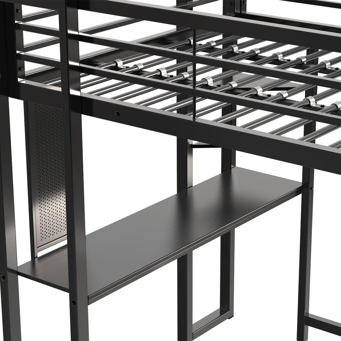 Full Size Metal Loft Bed with Desk and Storage Shelves, Black Loft Bed Frame for Teens Boys Girls, Space-Saving High Loft Bed with 13.8" Safety Guardrail & 350 lbs Capacity, No Box Spring Needed