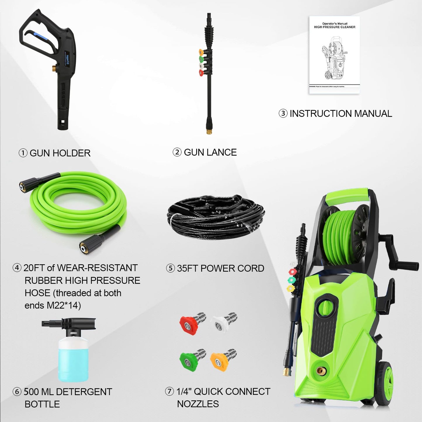commowner 5000PSI Electric Power Washer with 33FT Flexible Extension Pressure Washer Hose, 4 Nozzles, Professional PowerWashers for Home/Car(Green)