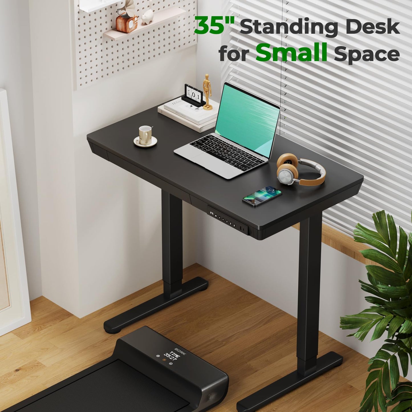 JYLH JOYSEEKER Electric Standing Desk with Drawer, 35" x 20" Whole Piece Tabletop Small Sit Stand Table, Height Adjustable Desk with Storage & USB Ports, Quick Install Home Office Computer Desk, Black