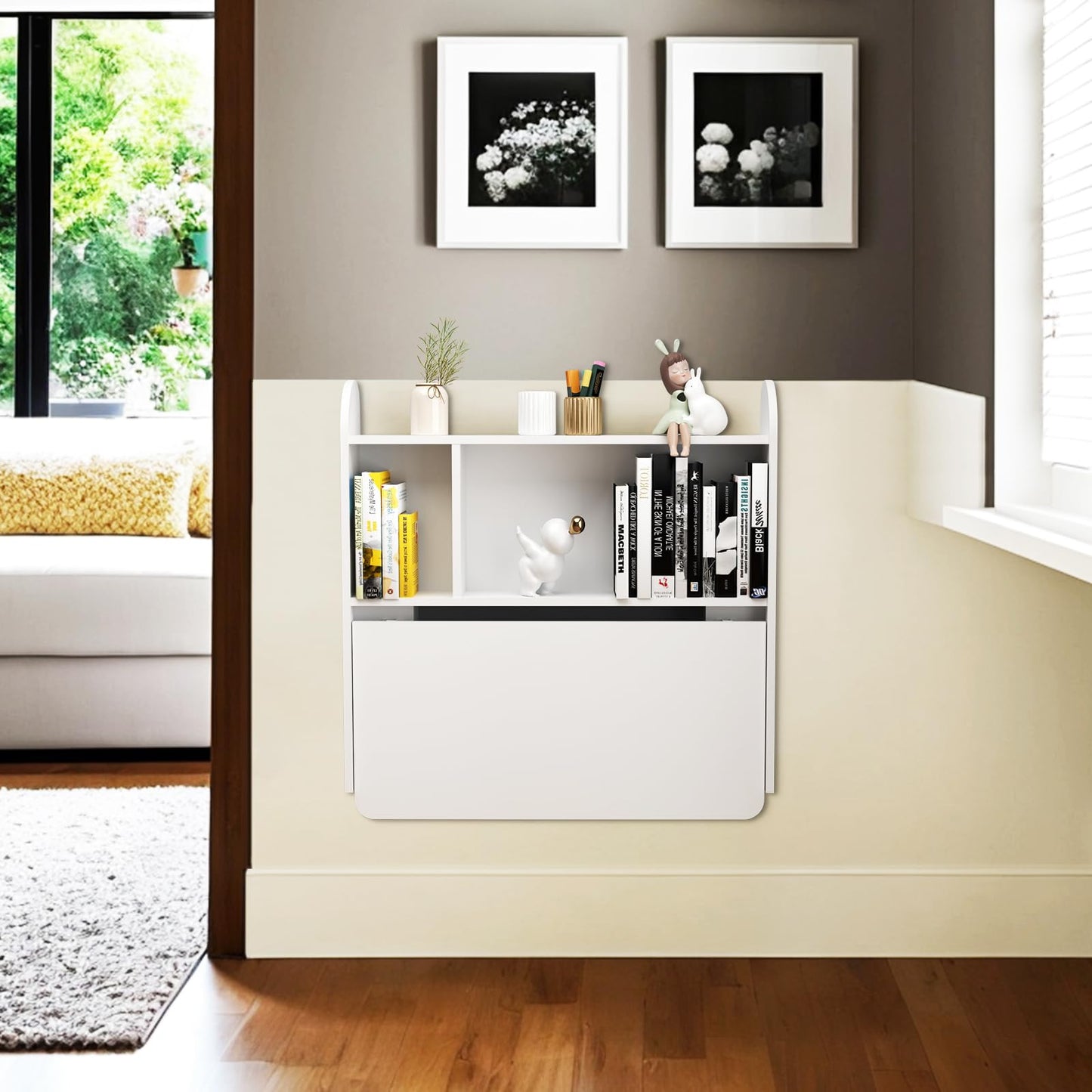 TuckTect Wall Mounted Drop-Leaf Table, Floating Laptop Desk, Folding Table with Shelves, Multifunctional Computer Workstation with Storage Compartments in Home Office for Space Saving (White)