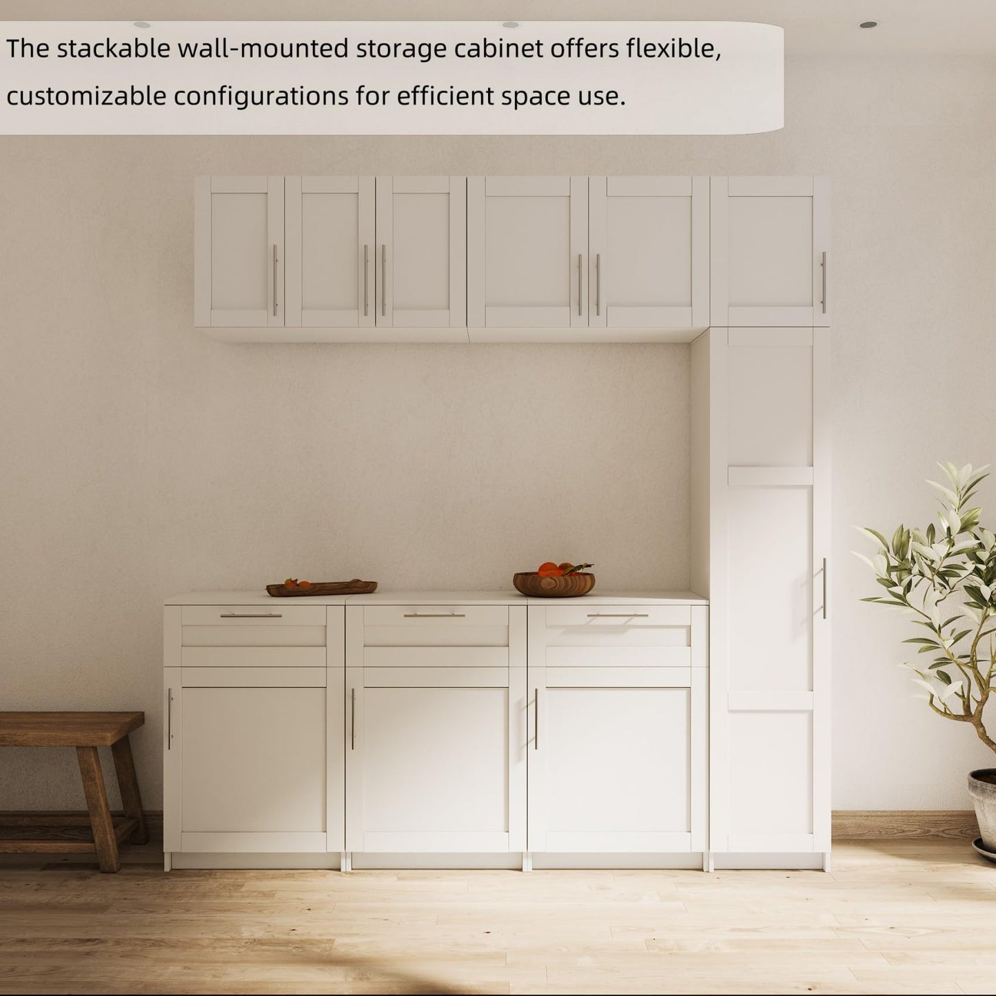 KEIKI Stackable Wall Mounted Storage Cabinet with Shelves, Door, Medicine Sideboard Buffet for Kitchen, Dining, Laundry, Living Room, Garage Pantry, Basement and Mudroom Organizing