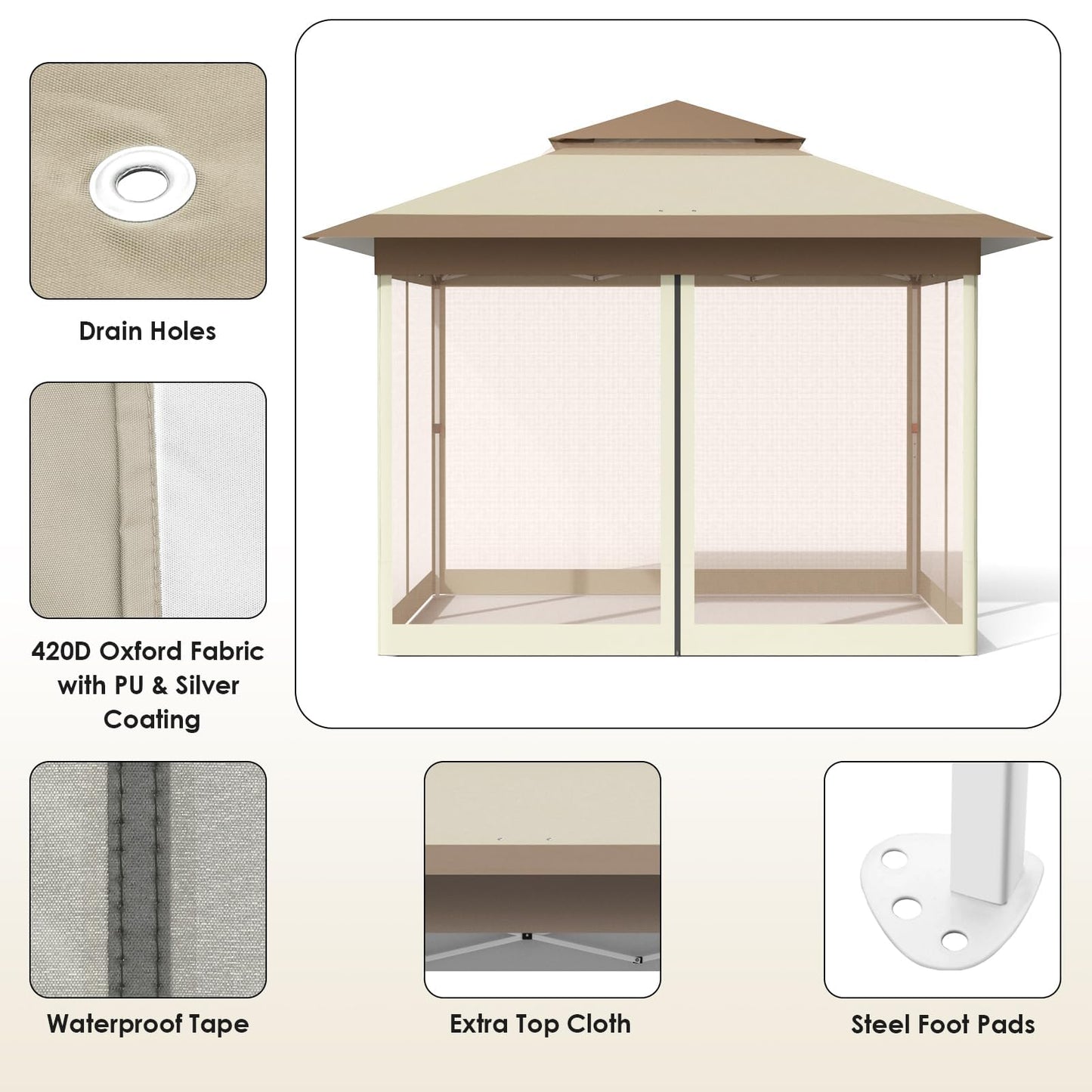 MAMIZO 13ft Pop Up Gazebo, Outdoor Instant Canopy Tent w/4 Netting Sidewall & Auto Extending Eave, Patio Gazebos Shelter w/Mesh Wall, Center Lock, Wheeled Bag for Garden, Yard (Khaki, 13X13FT)