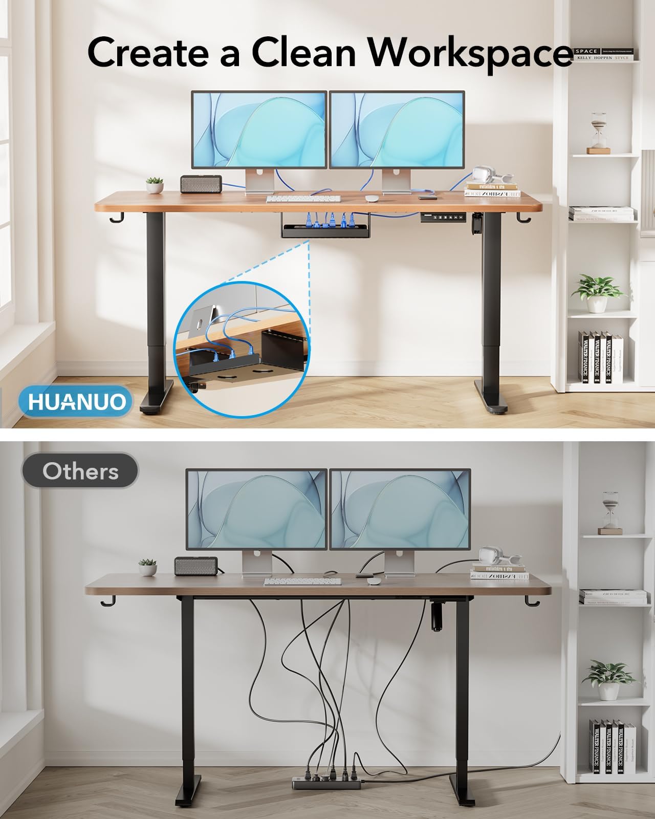 HUANUO Standing Desk Frame with 220lbs Powerful Brushless Motor, Thick T-Shaped Adjustable Desk Legs Made of Automotive-Grade Steel, for Max 75″ x 35″ Desktop, for Home Office, Black Frame Only