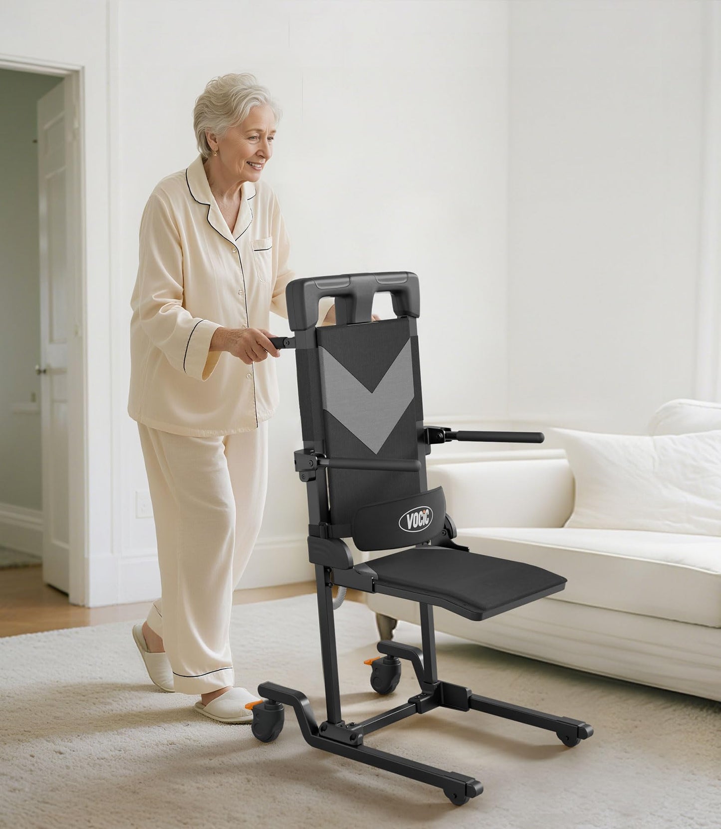 VOCIC Electric Chair Lift Get Up from Floor, Movable with 4 Wheels, Portable Rolling Chair Lift with T-Stabilized Base, Short-Distance Transport, Lift for Elderly from Floor, Supports 350 LBS, AX35