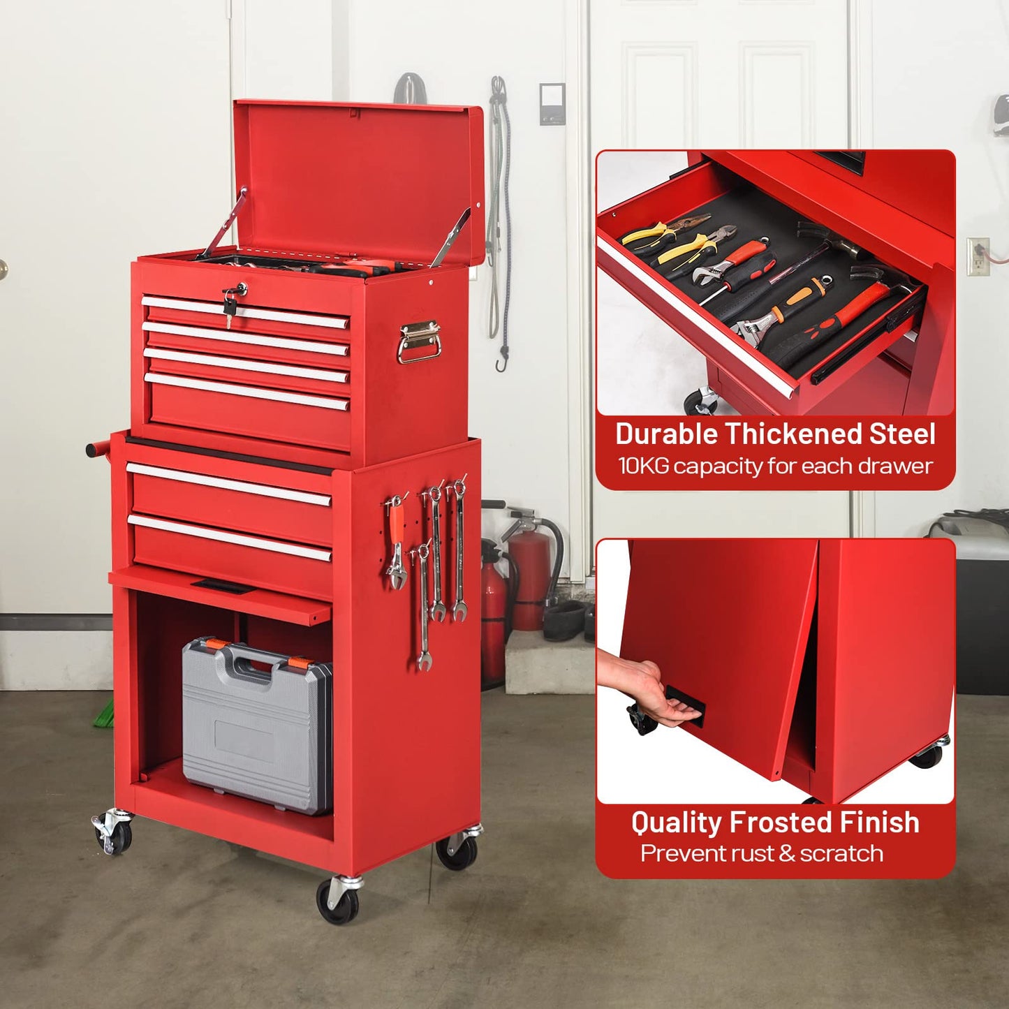 ERGOMASTER Rolling Tool Chest Cabinet Big Tool Storage Cabinet on Wheels and Lock System, Toolbox Organizer with Sliding Liner - 6-Drawers & Red