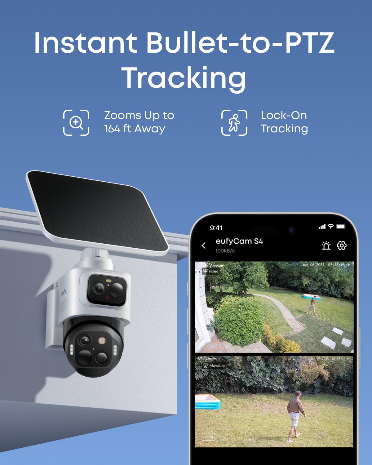 eufy Security eufyCam S4 2-Cam Kit, 4K Solar Wireless Outdoor Security System,3-Lens Bullet-PTZ cam, 360° Coverage,Cross-Cam Track, AI Facial Recognition, 8X Zoom,0 Monthly Fee,Expandable up to 16TB